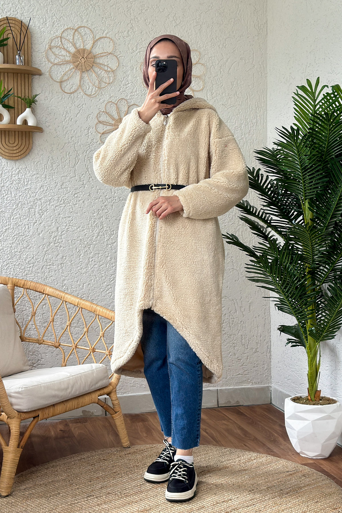 2183 Kapüşonlu Uzun Peluş Kap - TAŞ RENGİ |  