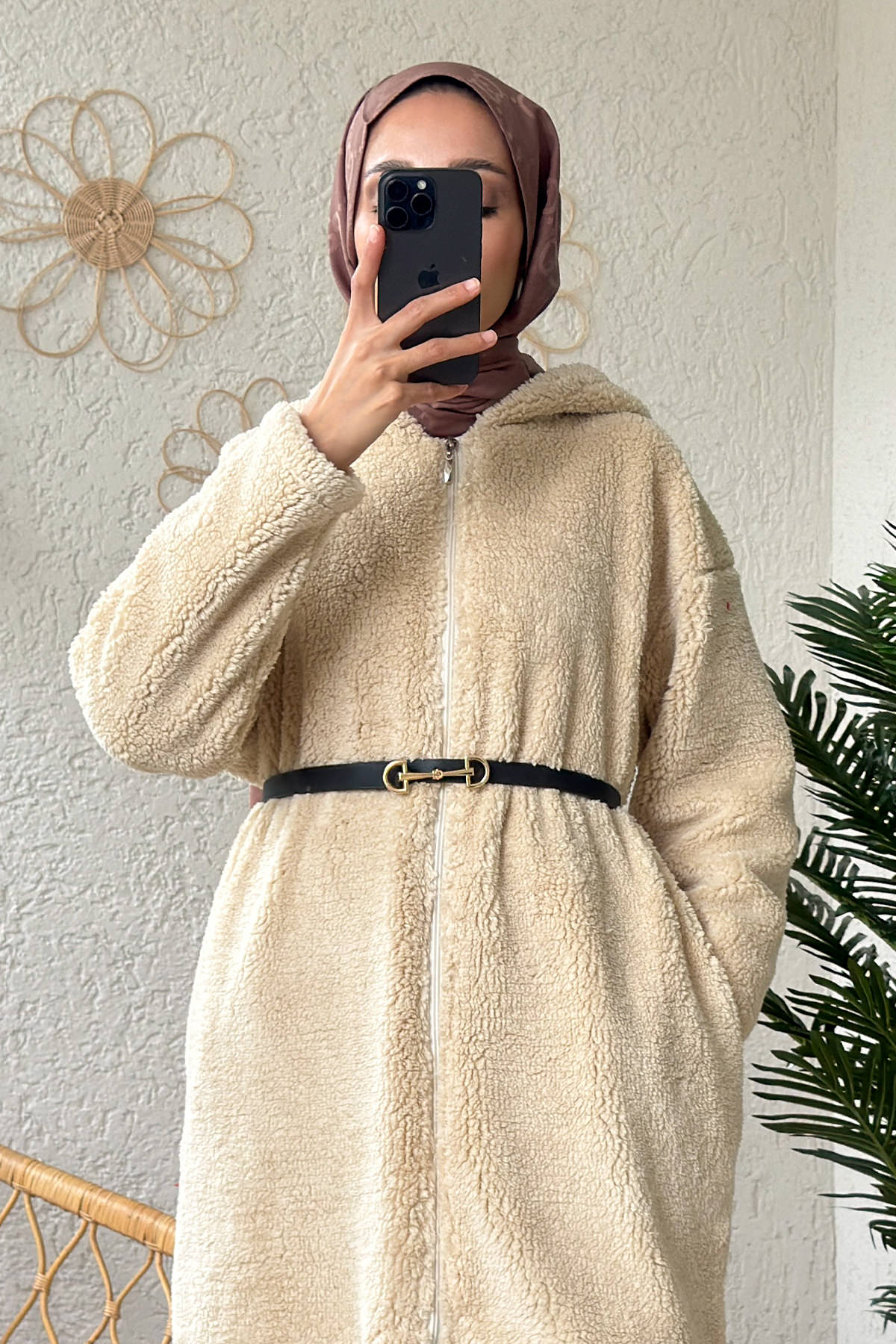 2183 Kapüşonlu Uzun Peluş Kap - TAŞ RENGİ |  