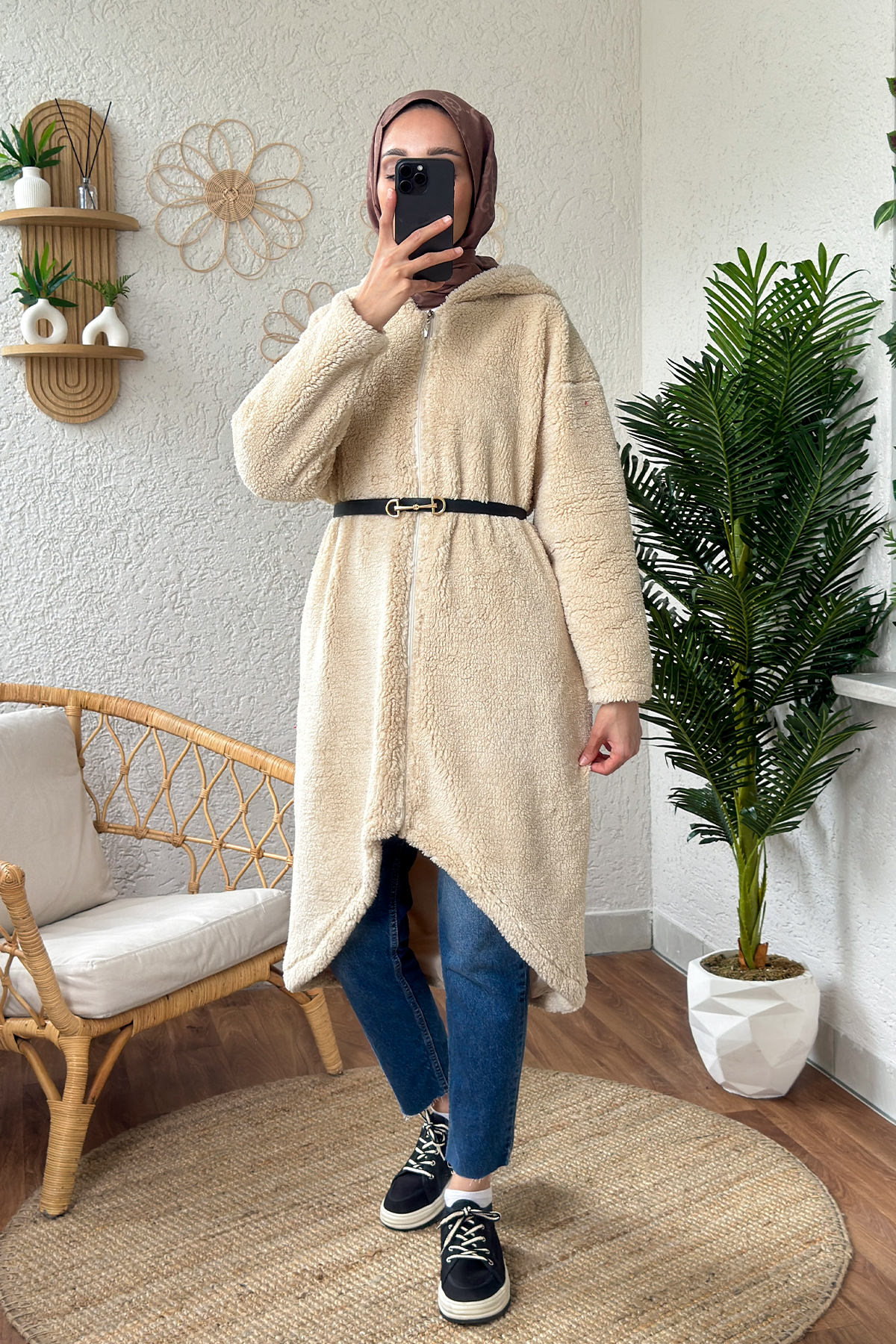 2183 Kapüşonlu Uzun Peluş Kap - TAŞ RENGİ |  