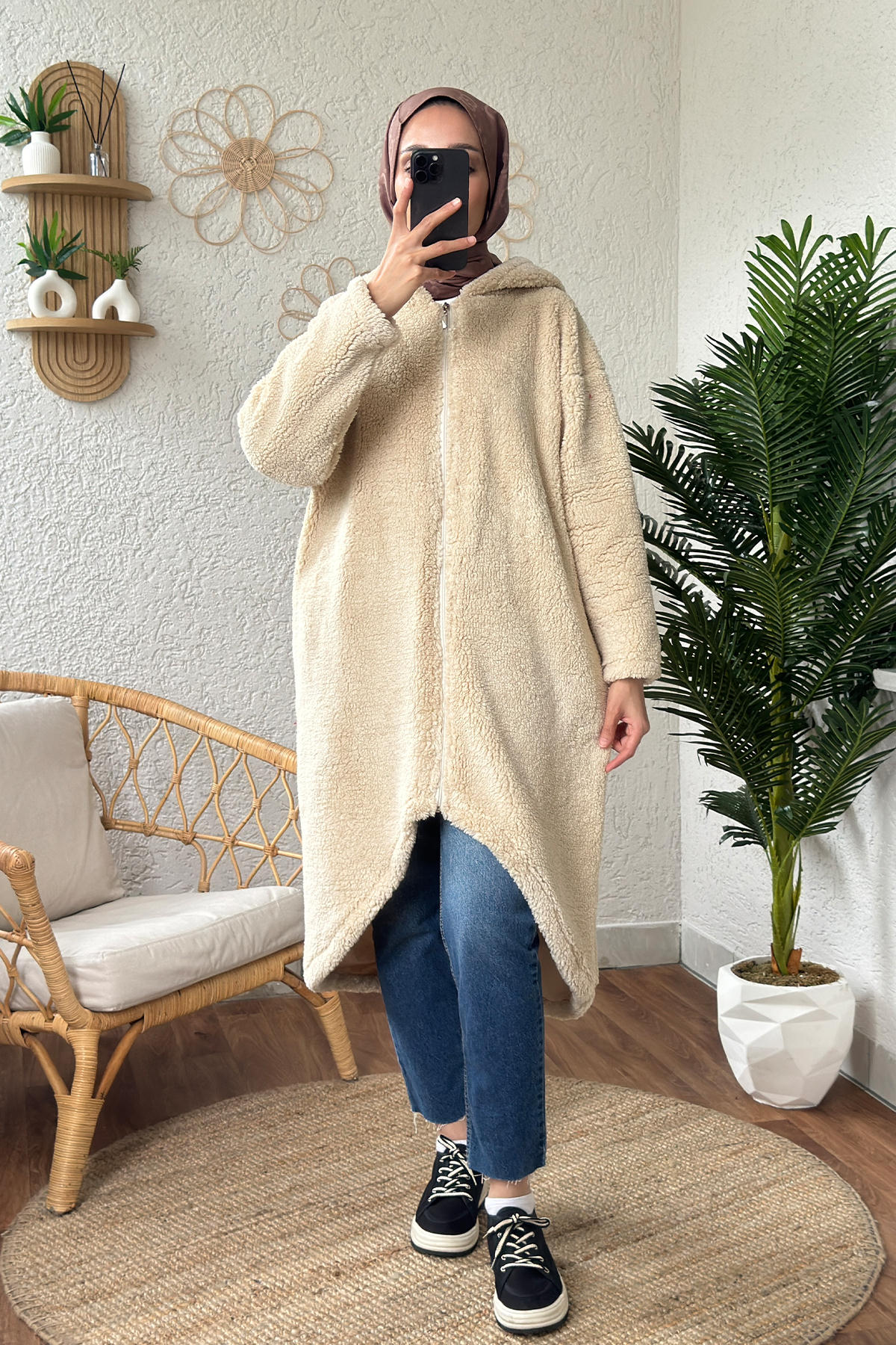 2183 Kapüşonlu Uzun Peluş Kap - TAŞ RENGİ |  