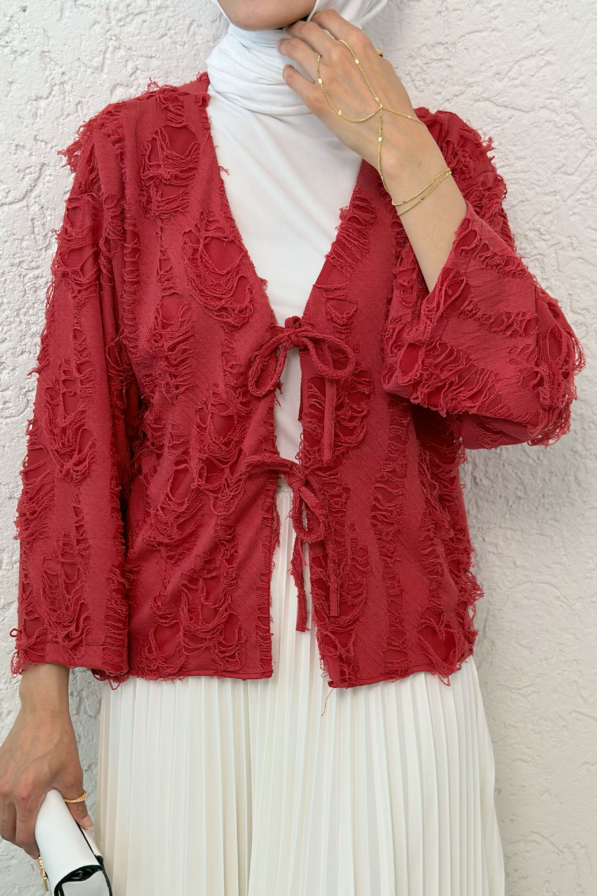 Yırtık Püsküllü Kimono 2314 - KIRMIZI |  