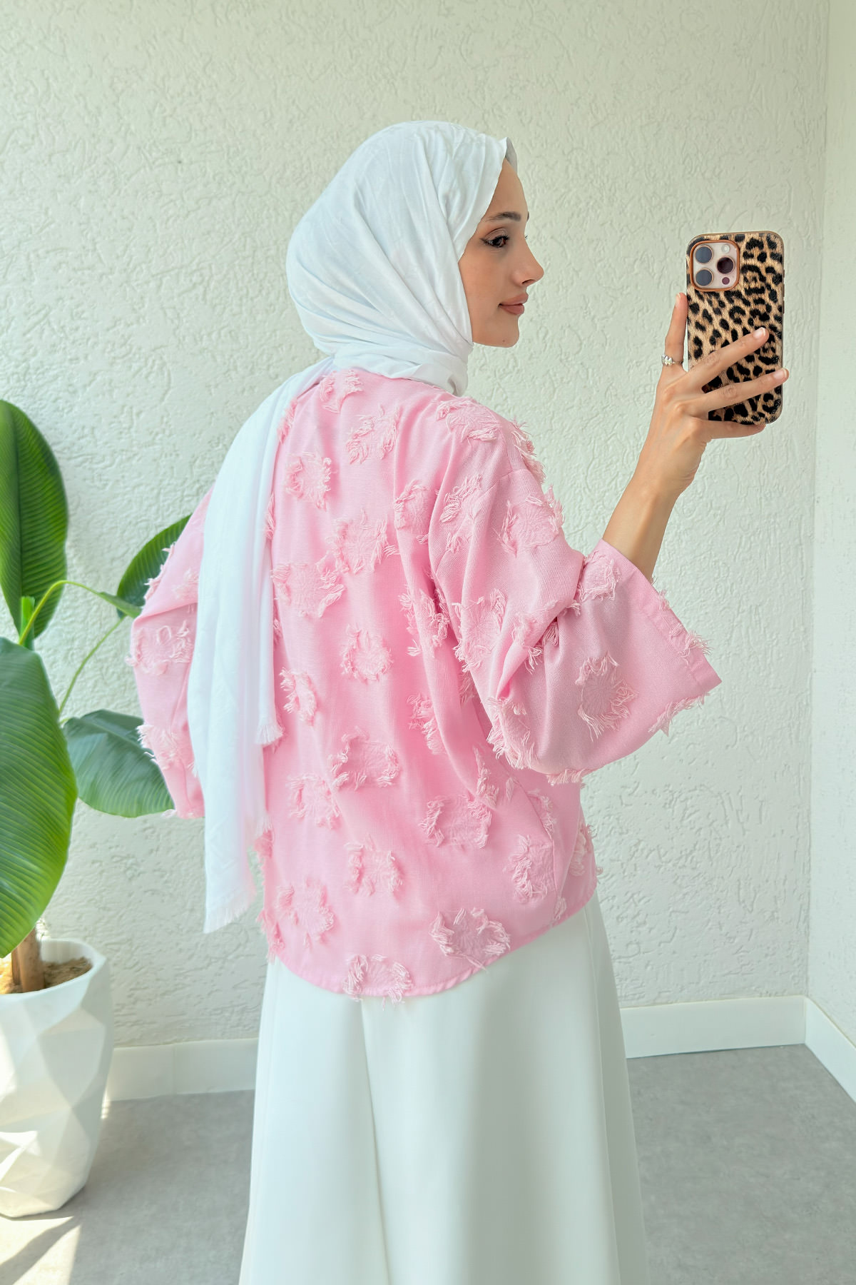 Yama Yırtık Detaylı Kimono 2330 - PEMBE |  