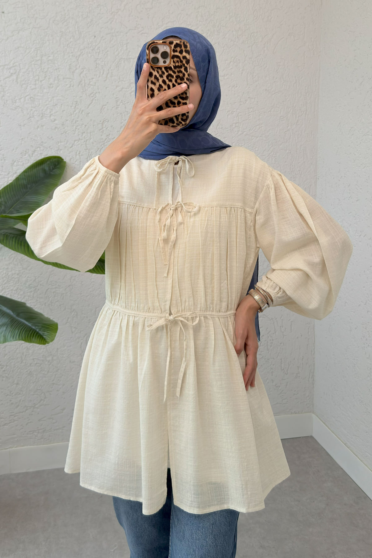 Ön Büzgülü Uzun Tunik 2338 - BEJ |  