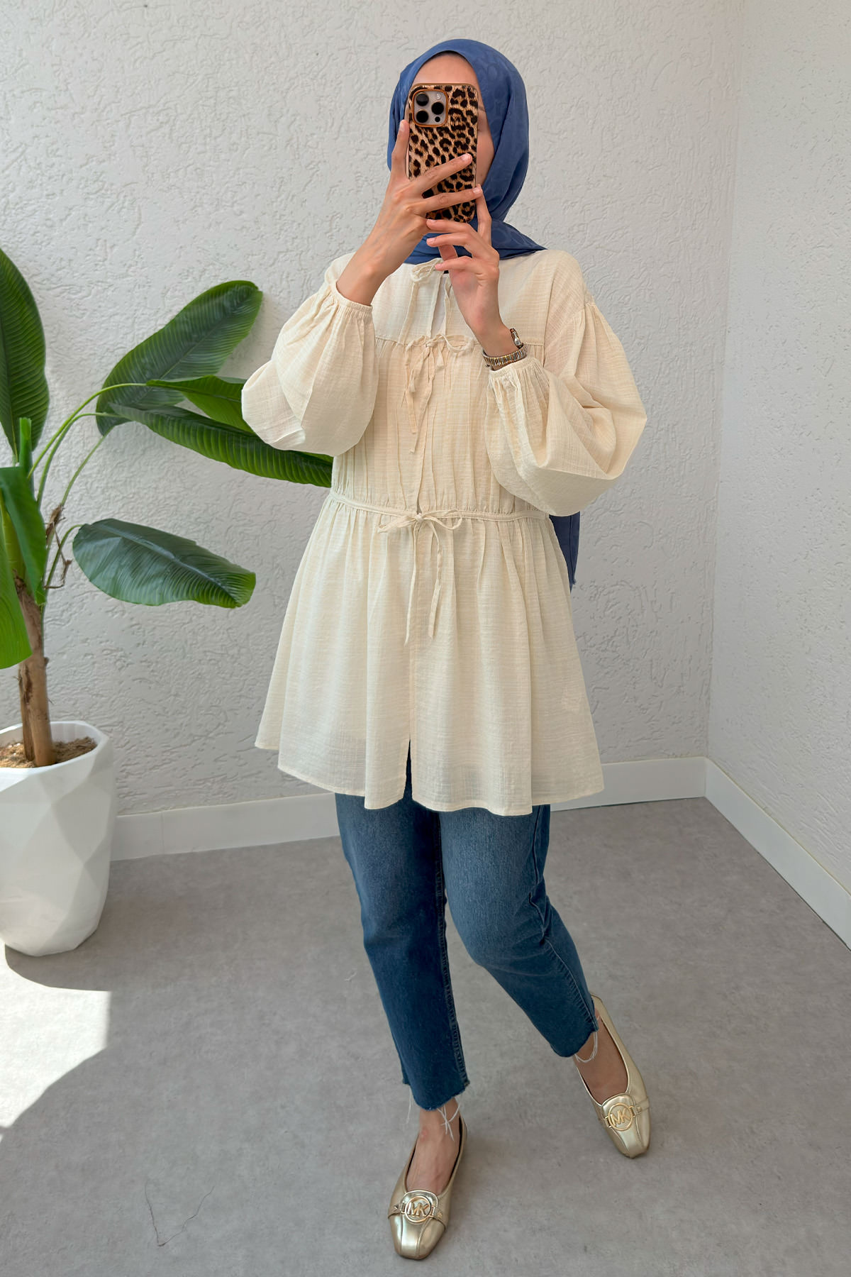 Ön Büzgülü Uzun Tunik 2338 - BEJ |  