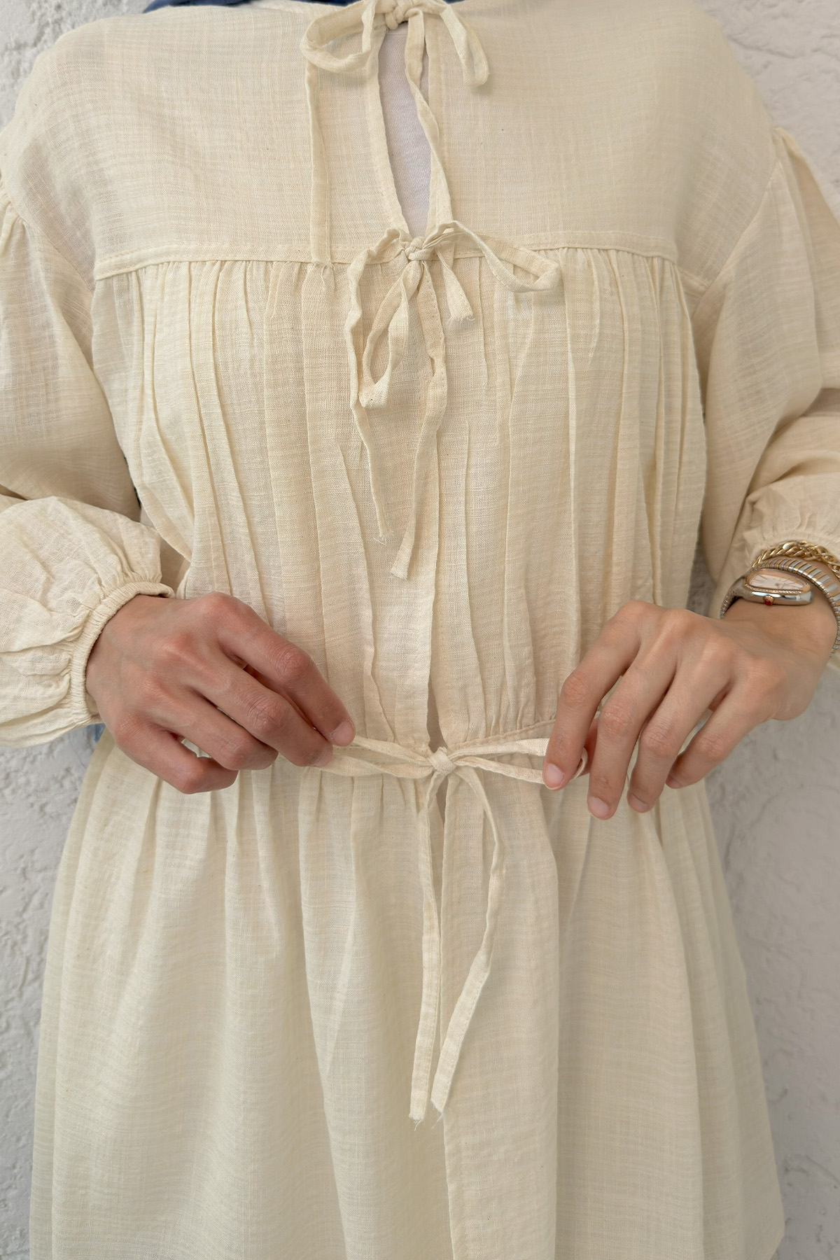 Ön Büzgülü Uzun Tunik 2338 - BEJ |  