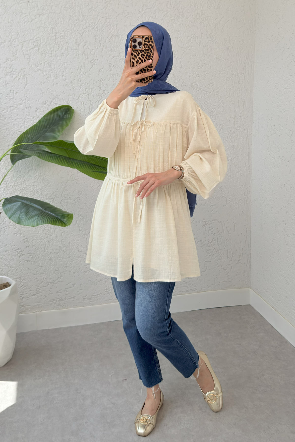 Ön Büzgülü Uzun Tunik 2338 - BEJ |  