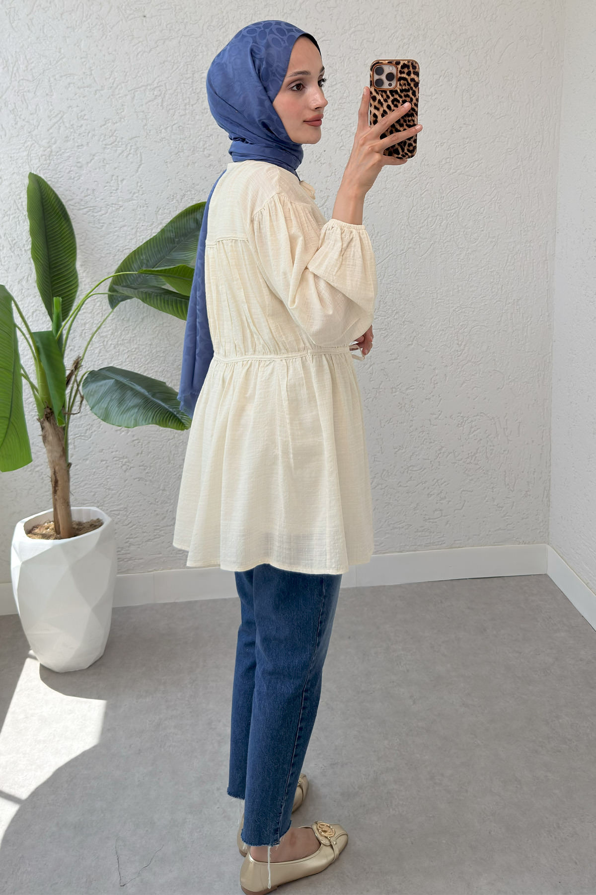 Ön Büzgülü Uzun Tunik 2338 - BEJ |  