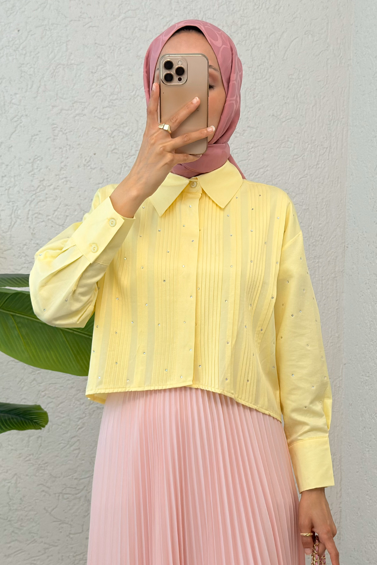 Nervürlü Taşlı Kısa Gömlek 2263 - SARI |  