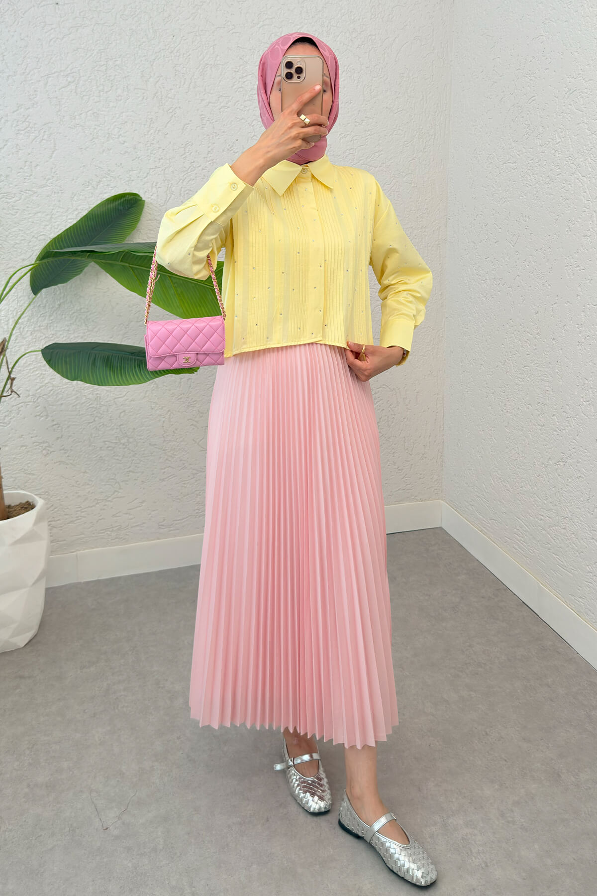 Nervürlü Taşlı Kısa Gömlek 2263 - SARI |  