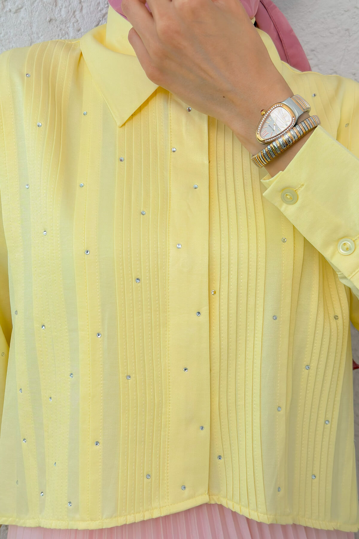 Nervürlü Taşlı Kısa Gömlek 2263 - SARI |  