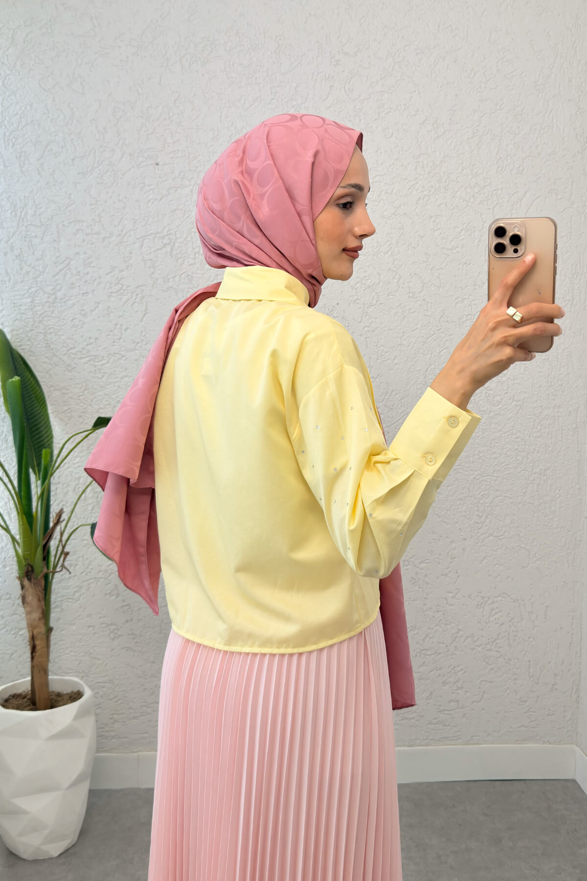 Nervürlü Taşlı Kısa Gömlek 2263 - SARI |  