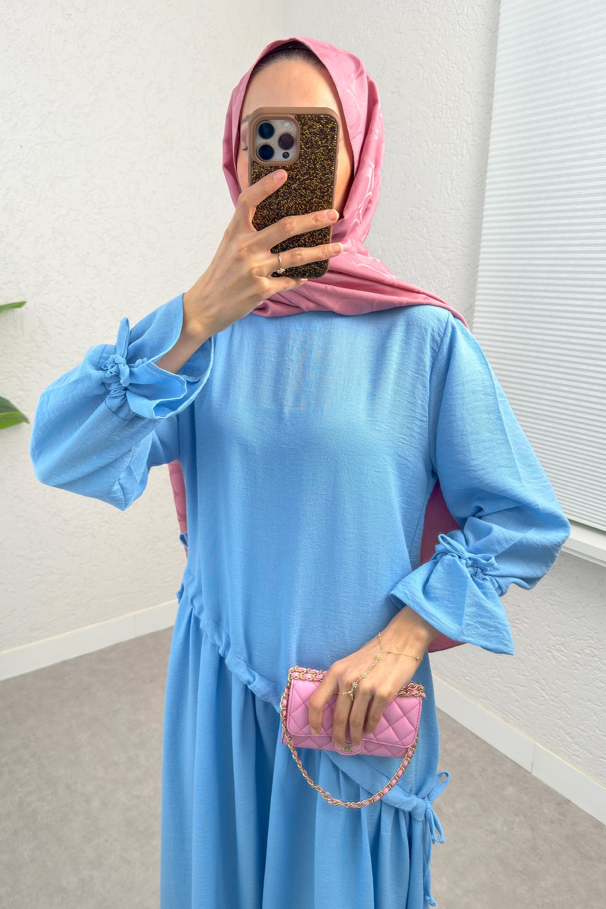Çapraz Büzgülü Tesettür Elbise 2222 - BEBE MAVİSİ | zenne.com 