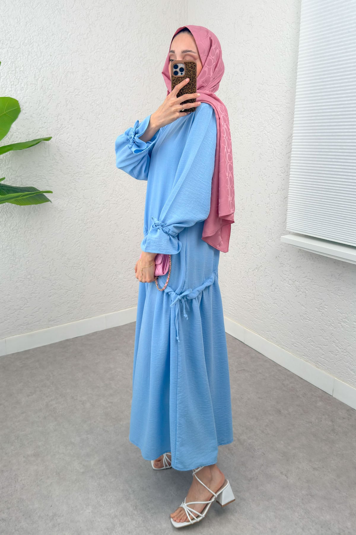 Çapraz Büzgülü Tesettür Elbise 2222 - BEBE MAVİSİ | zenne.com 