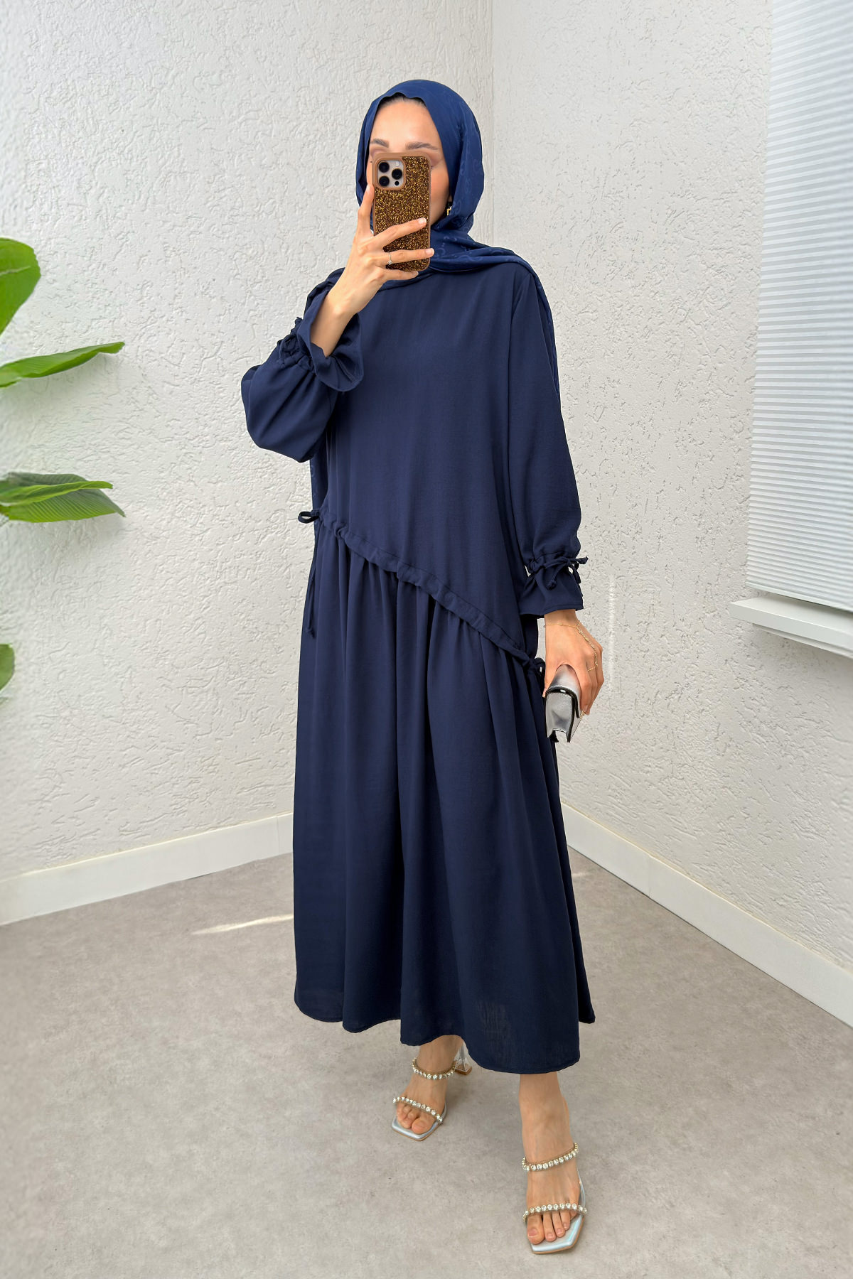 Çapraz Büzgülü Tesettür Elbise 2222 - LACİVERT |  