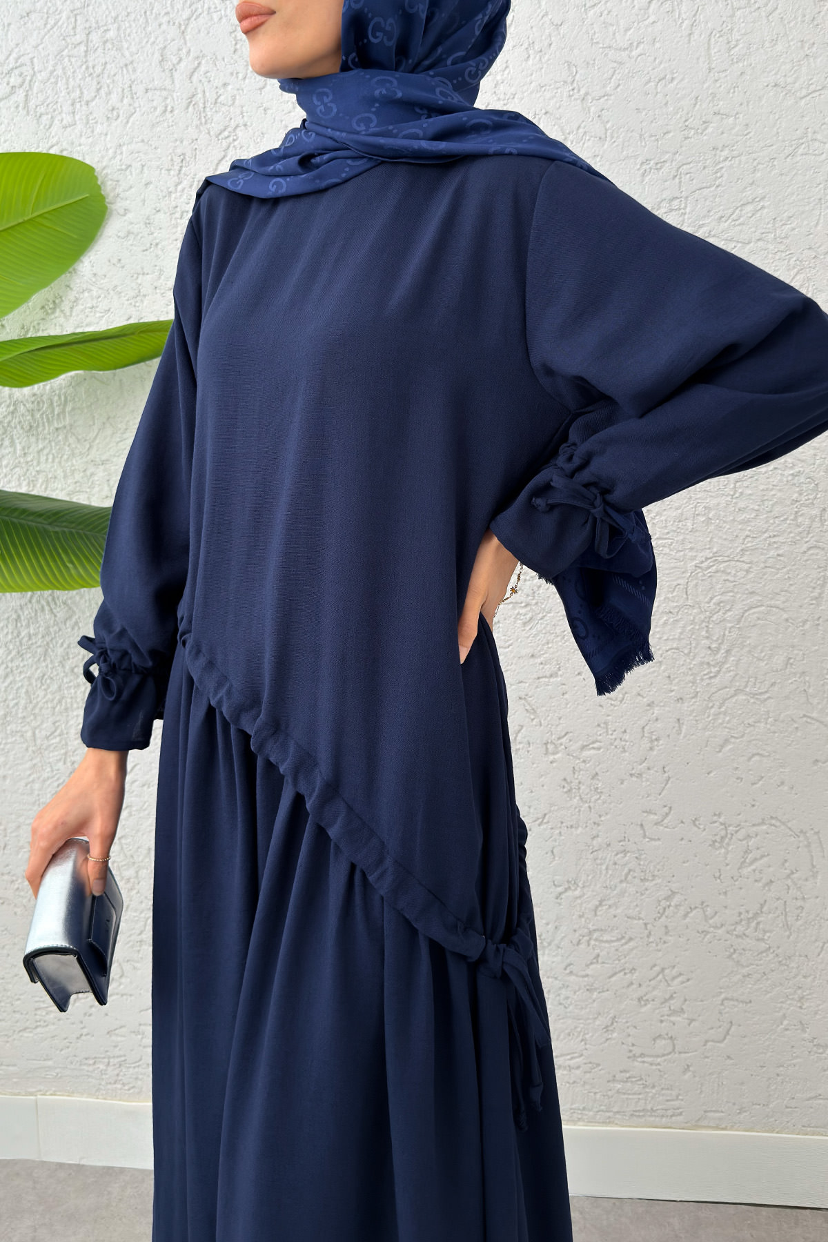Çapraz Büzgülü Tesettür Elbise 2222 - LACİVERT |  