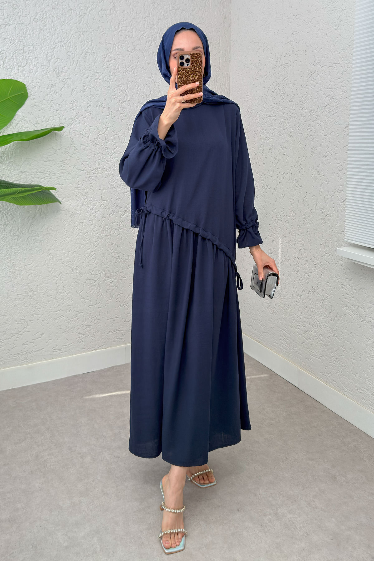 Çapraz Büzgülü Tesettür Elbise 2222 - LACİVERT |  