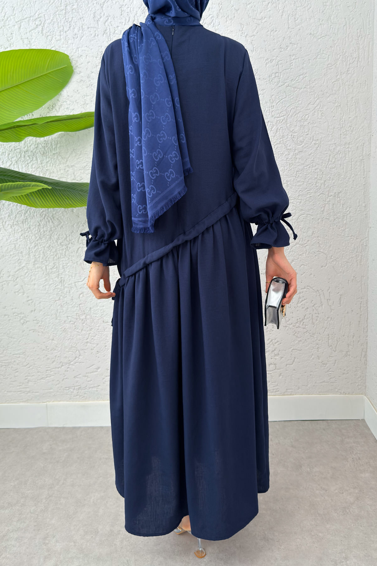 Çapraz Büzgülü Tesettür Elbise 2222 - LACİVERT |  