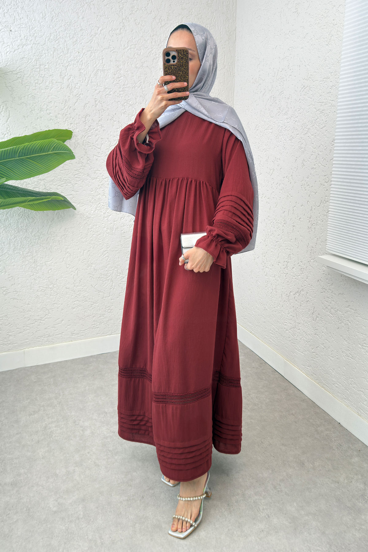 Fisto Detaylı Tesettür Elbise 2207 - BORDO |  