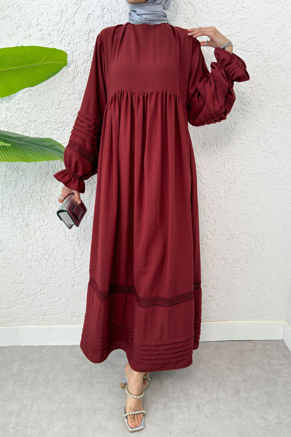 Fisto Detaylı Tesettür Elbise 2207 - BORDO |  
