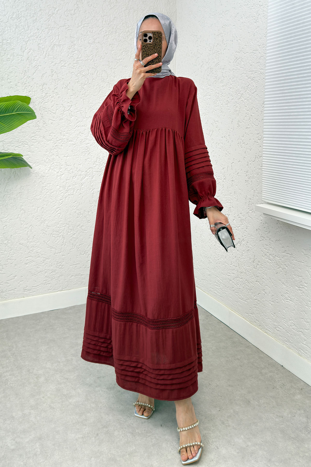 Fisto Detaylı Tesettür Elbise 2207 - BORDO |  