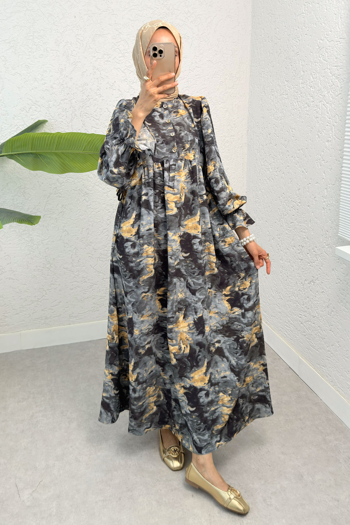 Batik Desen Viscon Elbise 2310 - ANTRASİT |  