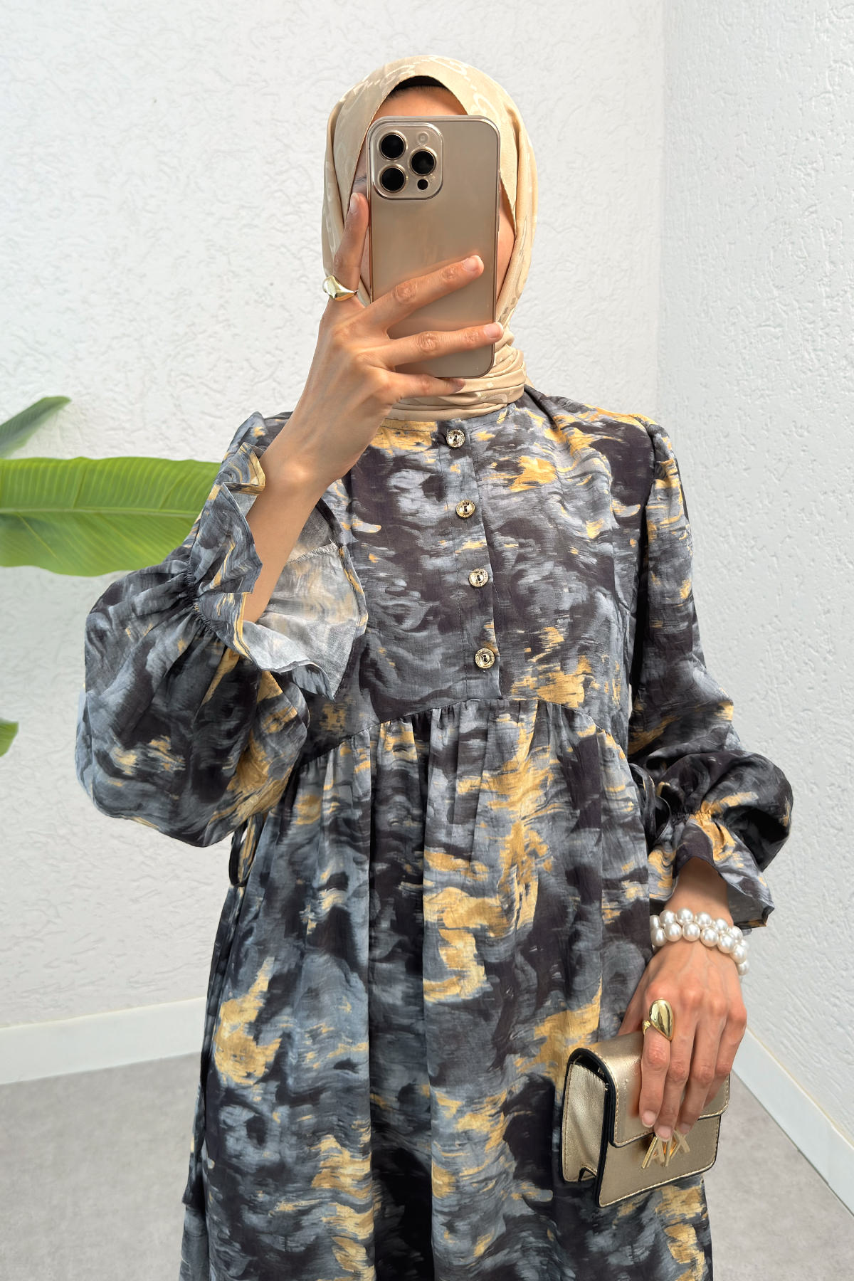 Batik Desen Viscon Elbise 2310 - ANTRASİT |  