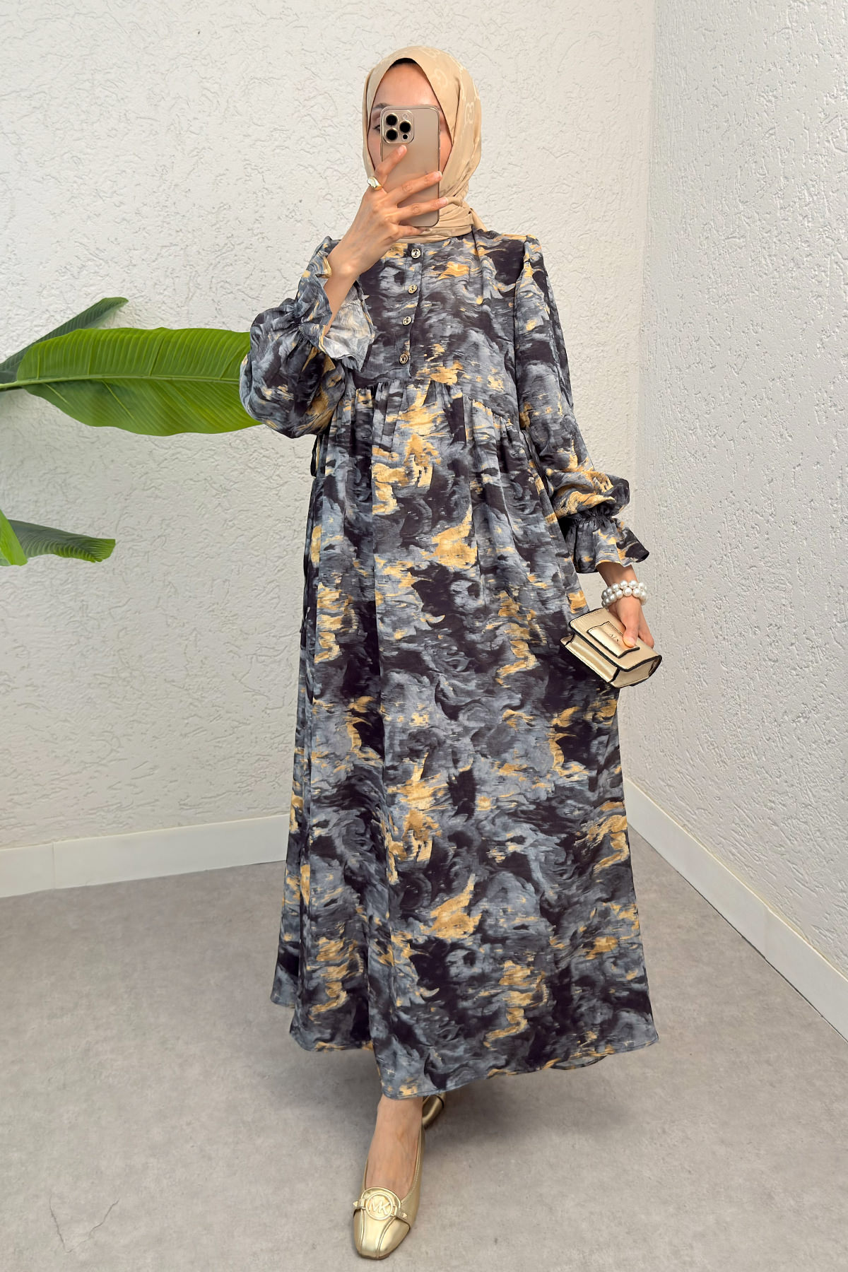 Batik Desen Viscon Elbise 2310 - ANTRASİT |  