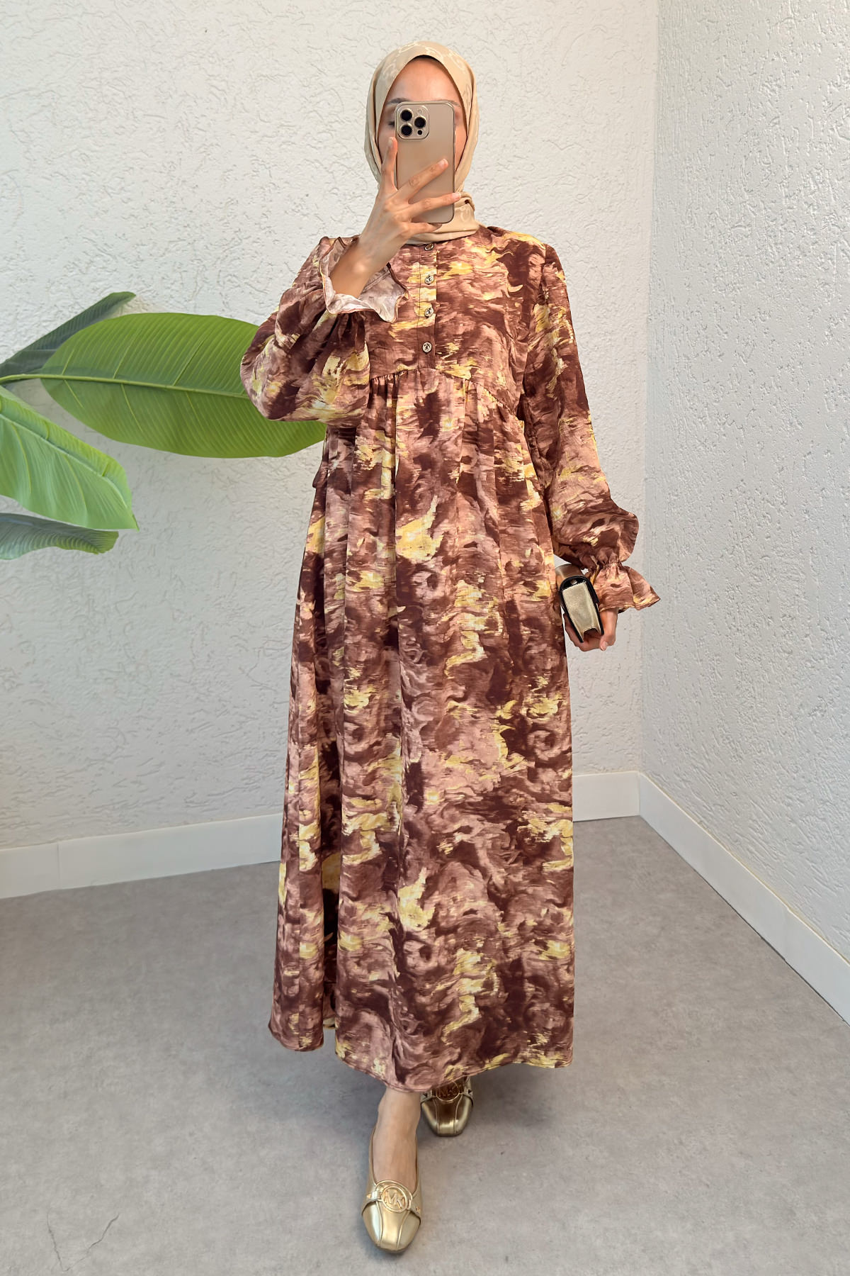Batik Desen Viscon Elbise 2310 - KAHVERENGİ |  