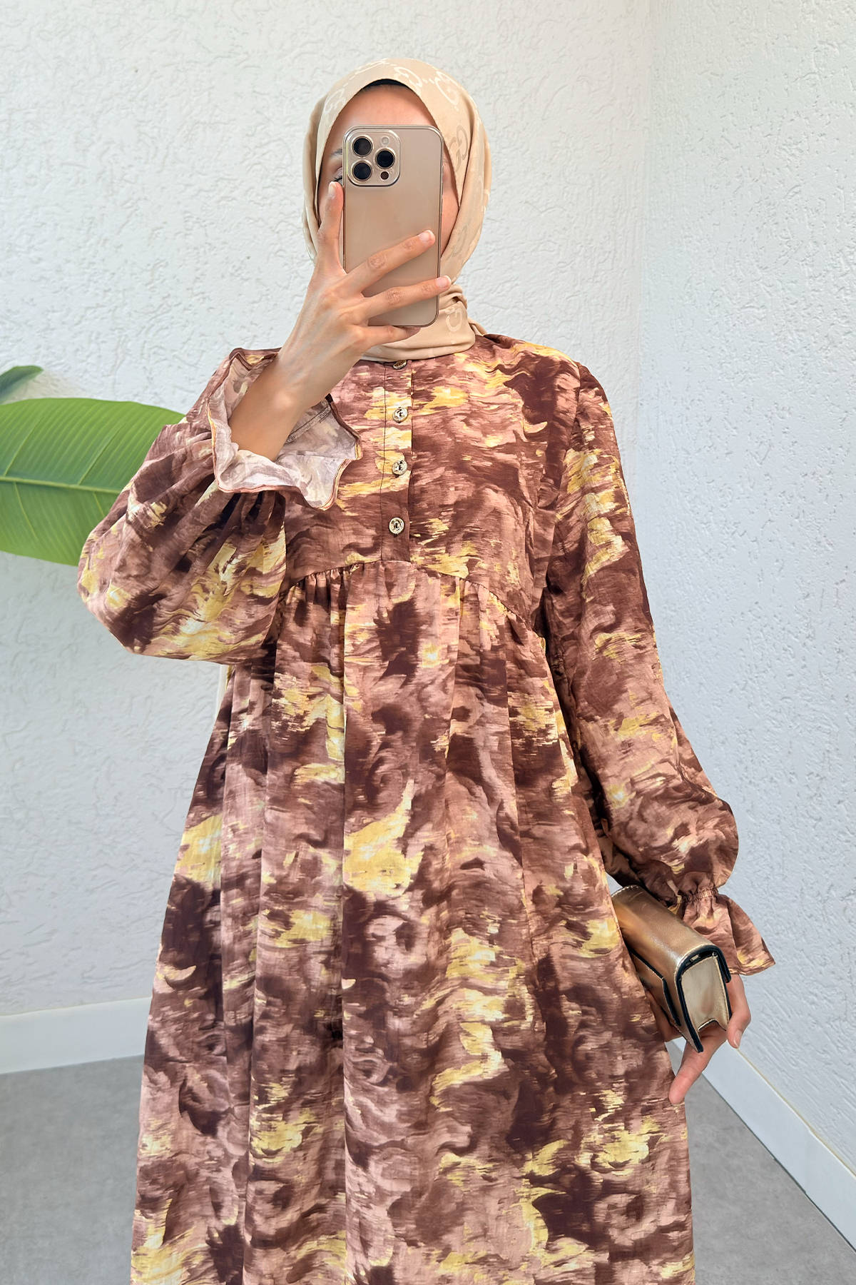Batik Desen Viscon Elbise 2310 - KAHVERENGİ |  