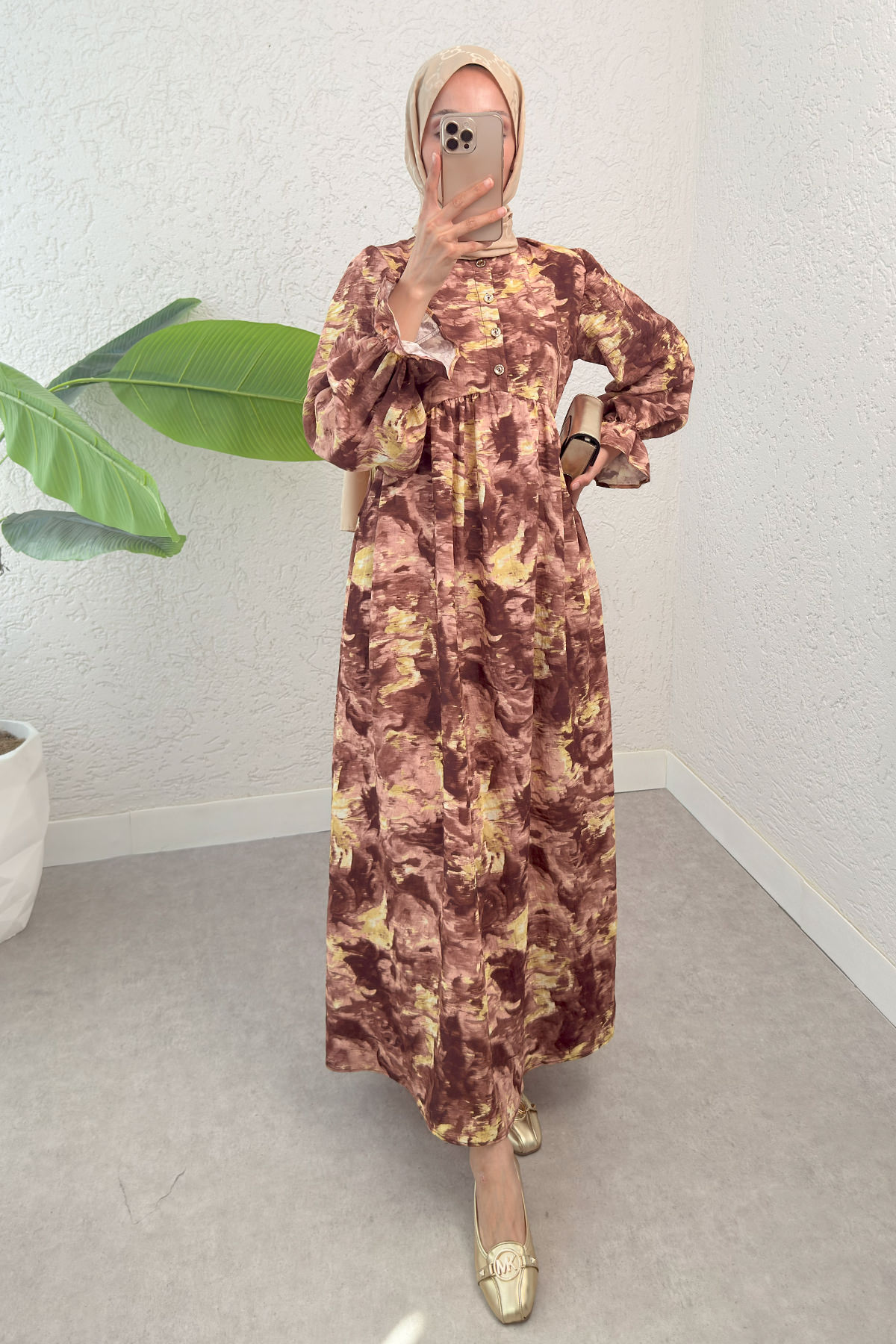 Batik Desen Viscon Elbise 2310 - KAHVERENGİ |  