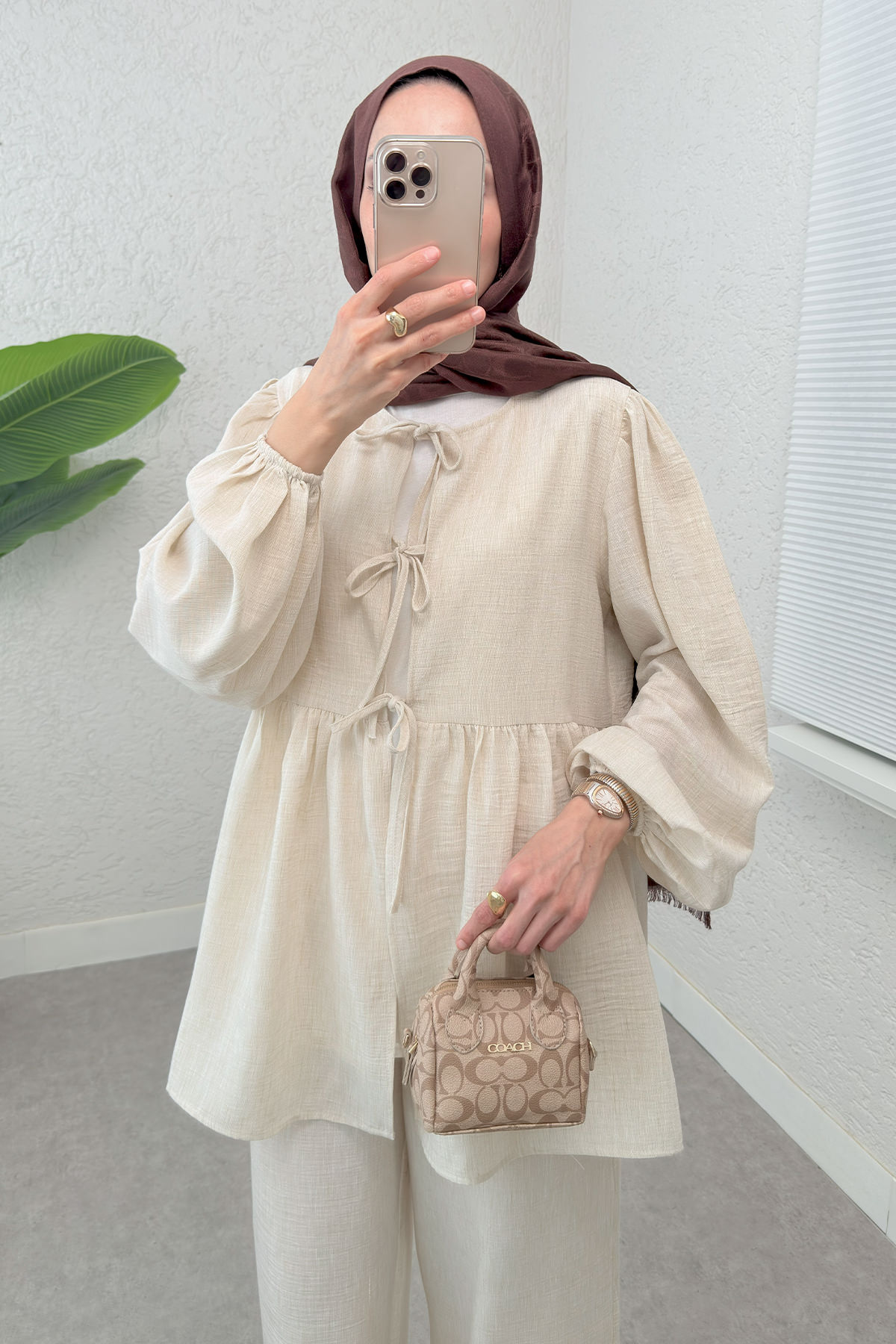 Ön Bağcıklı Balon Kol Takım 2293 - BEJ |  