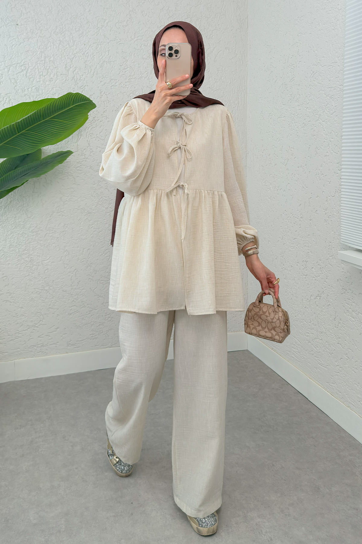 Ön Bağcıklı Balon Kol Takım 2293 - BEJ |  