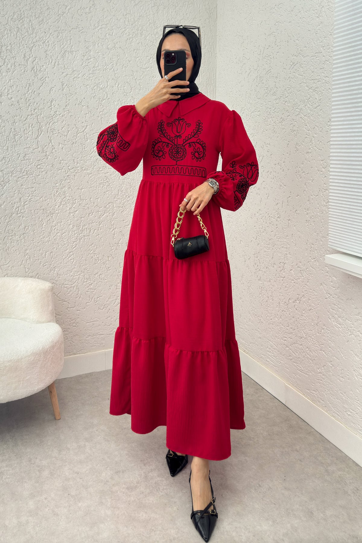 Nakışlı Kat Kat Elbise 2224 - KIRMIZI | zenne.com 