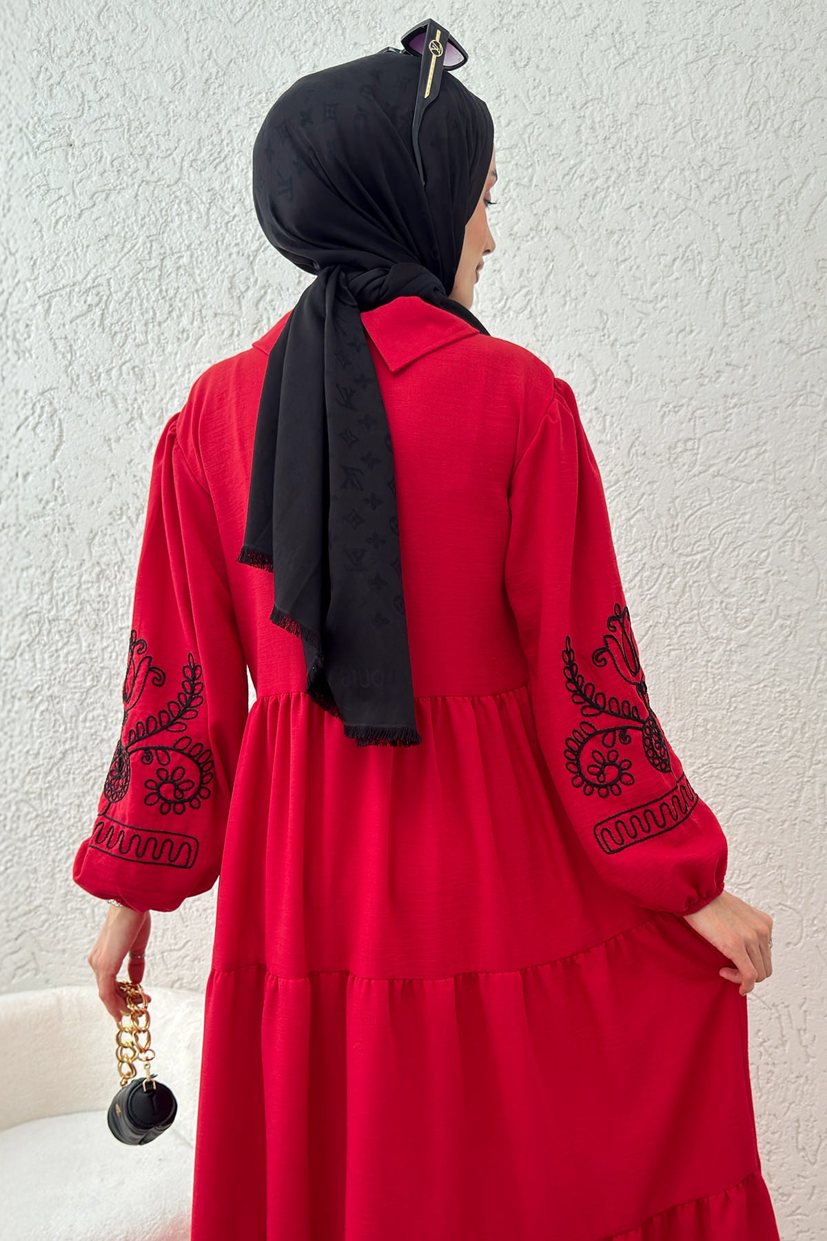 Nakışlı Kat Kat Elbise 2224 - KIRMIZI | zenne.com 