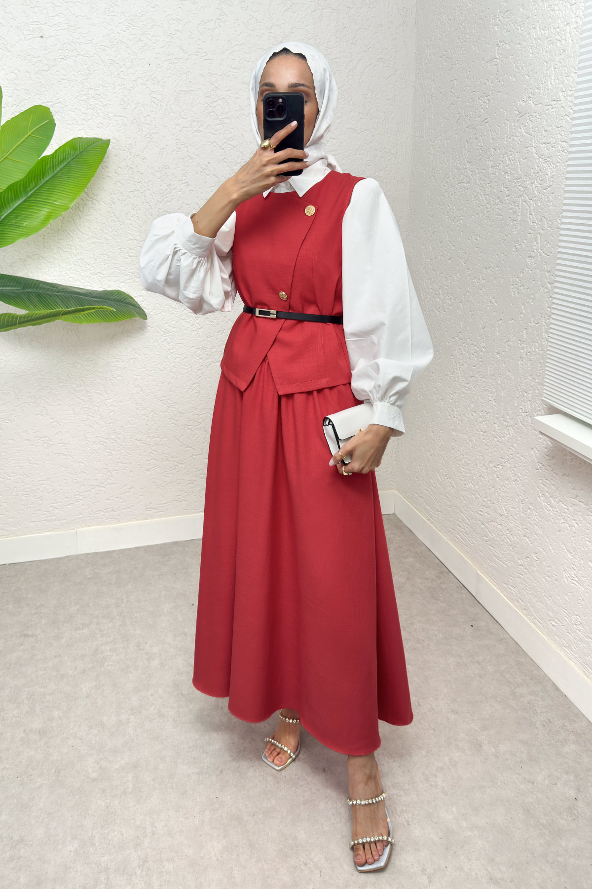 Kemerli Yelek Etek Takım 2245 - KIRMIZI |  