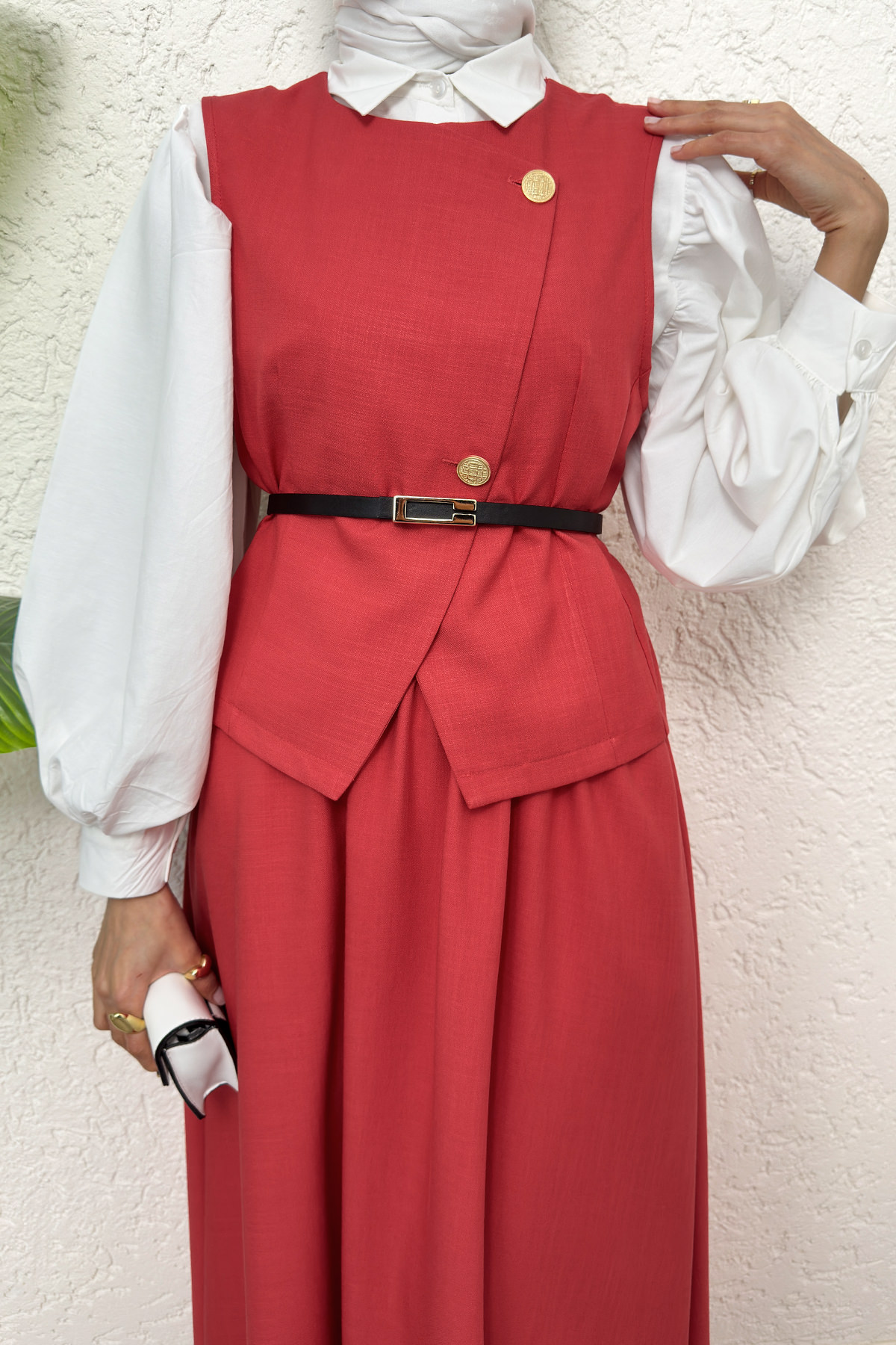 Kemerli Yelek Etek Takım 2245 - KIRMIZI |  