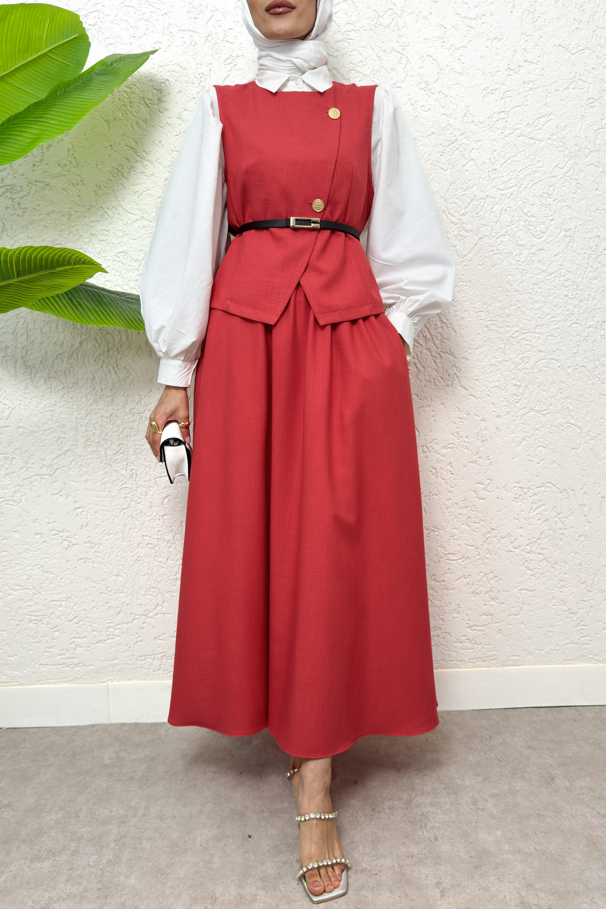 Kemerli Yelek Etek Takım 2245 - KIRMIZI |  