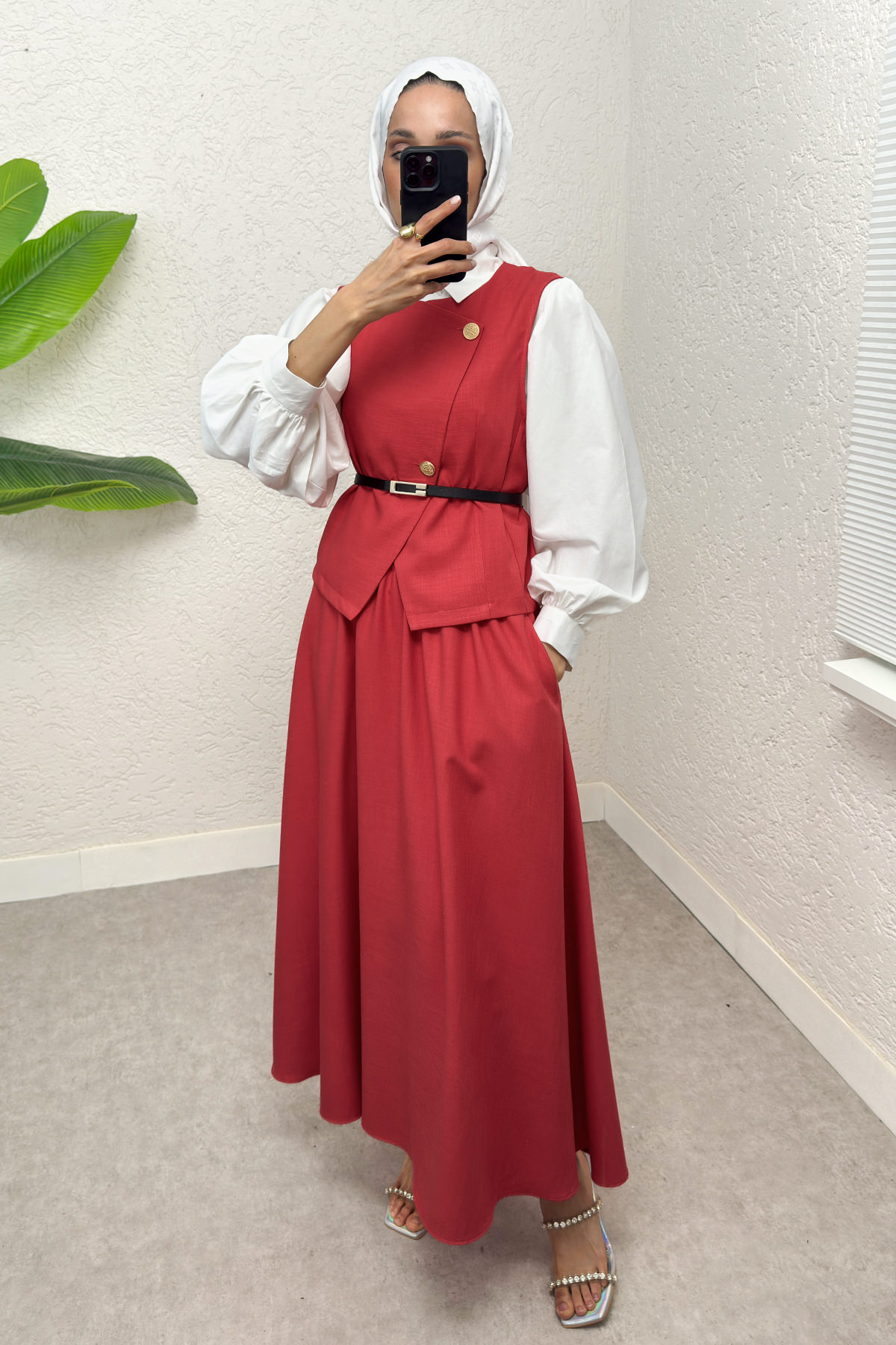 Kemerli Yelek Etek Takım 2245 - KIRMIZI |  