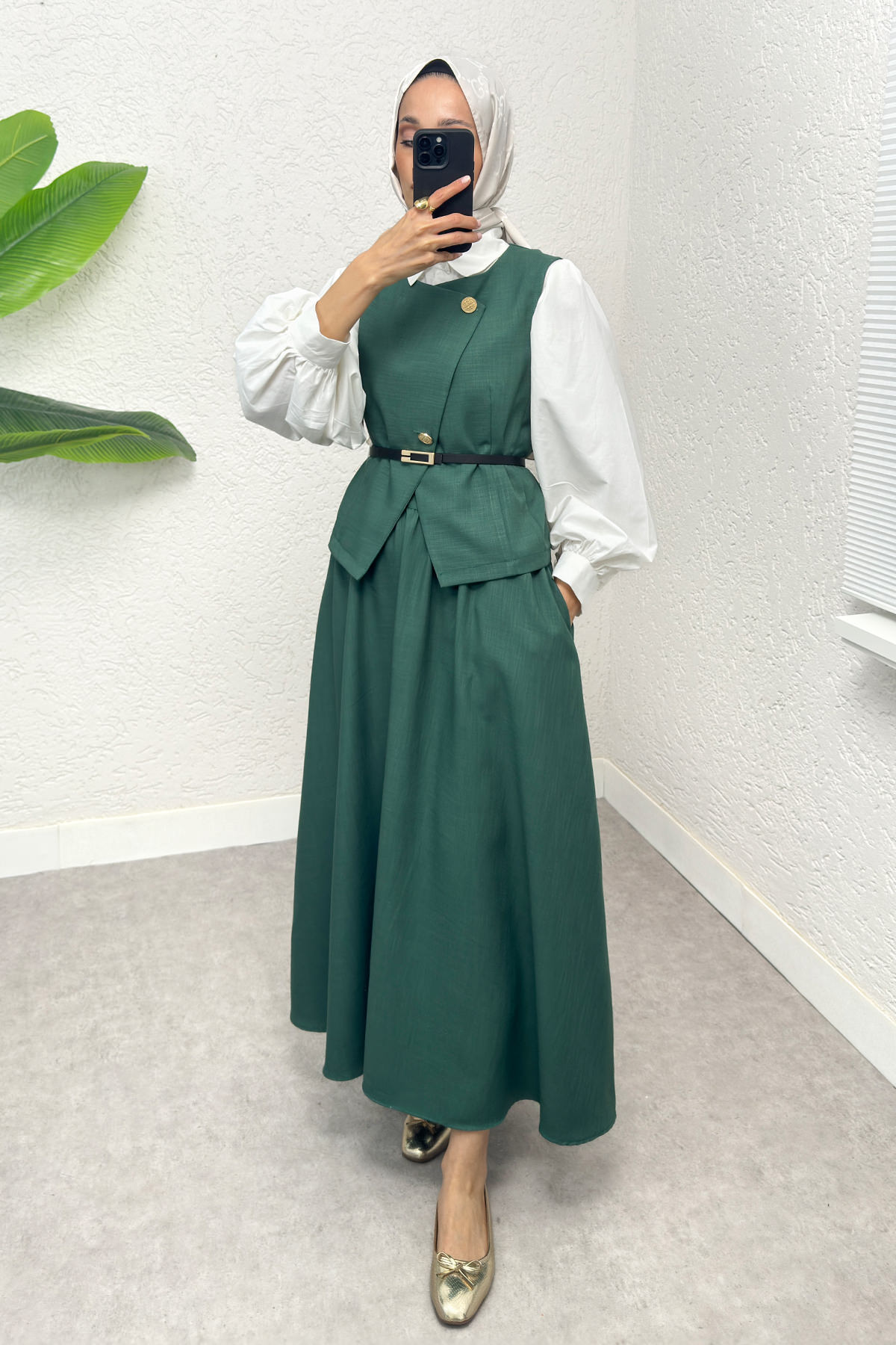 Kemerli Yelek Etek Takım 2245 - KOYU YEŞİL |  