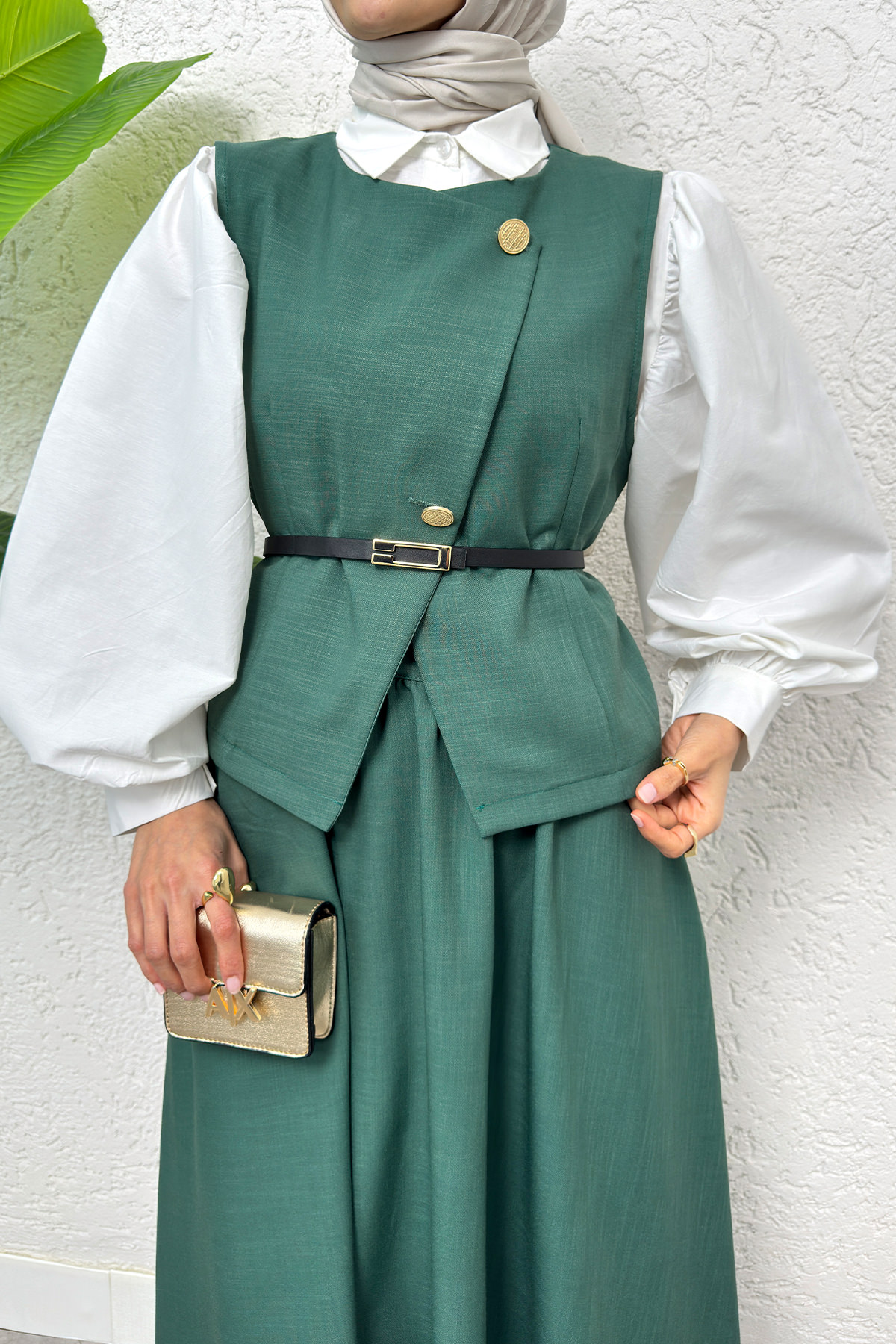 Kemerli Yelek Etek Takım 2245 - KOYU YEŞİL |  