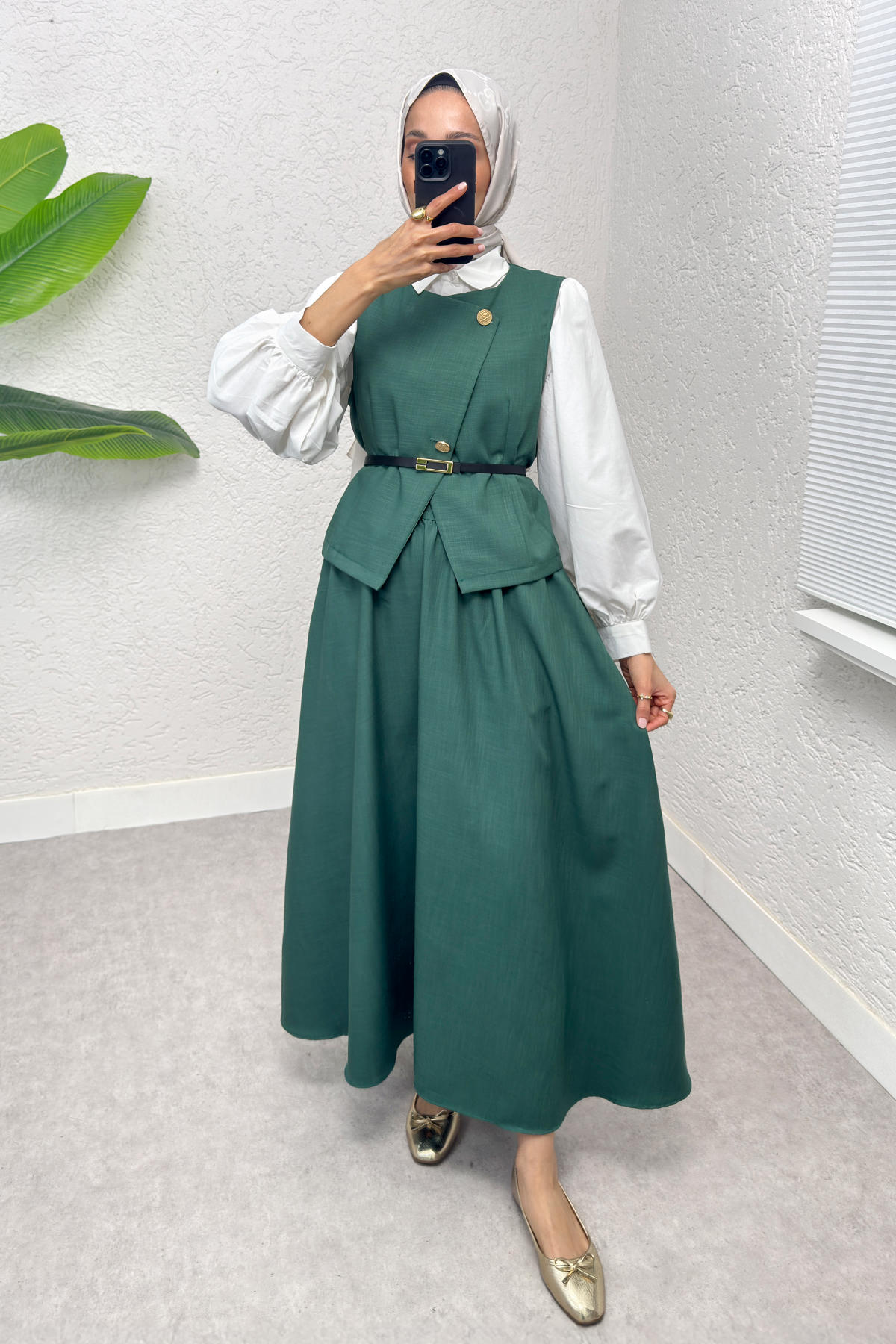 Kemerli Yelek Etek Takım 2245 - KOYU YEŞİL |  