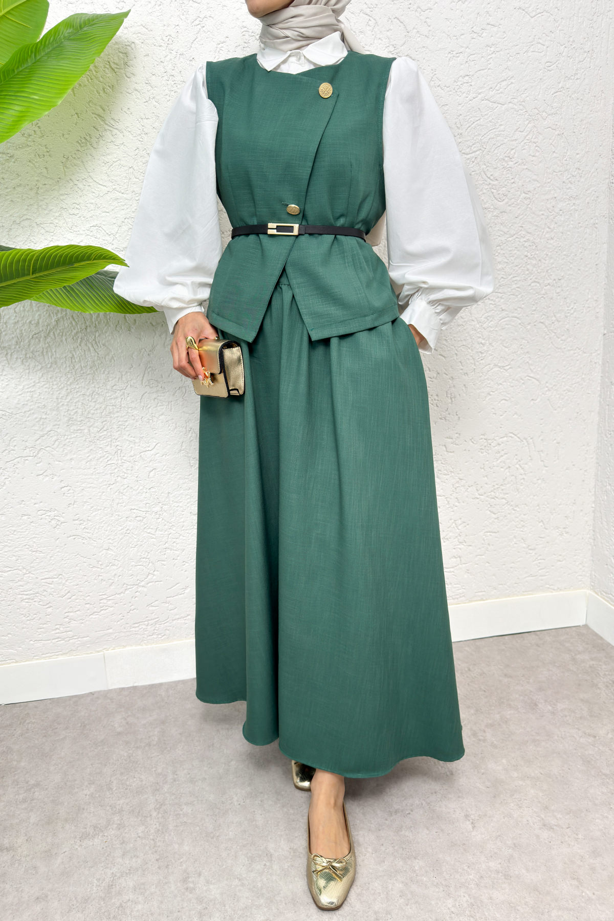 Kemerli Yelek Etek Takım 2245 - KOYU YEŞİL |  