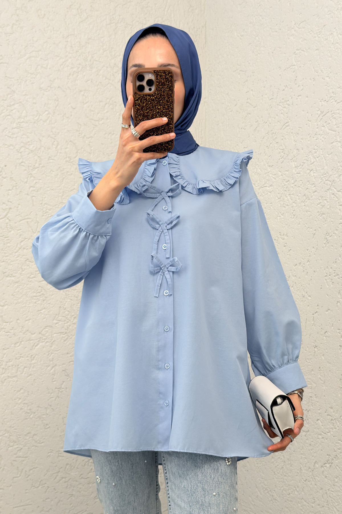 Fırfır Yakalı Tesettür Tunik 1596 - BEBE MAVİSİ |  