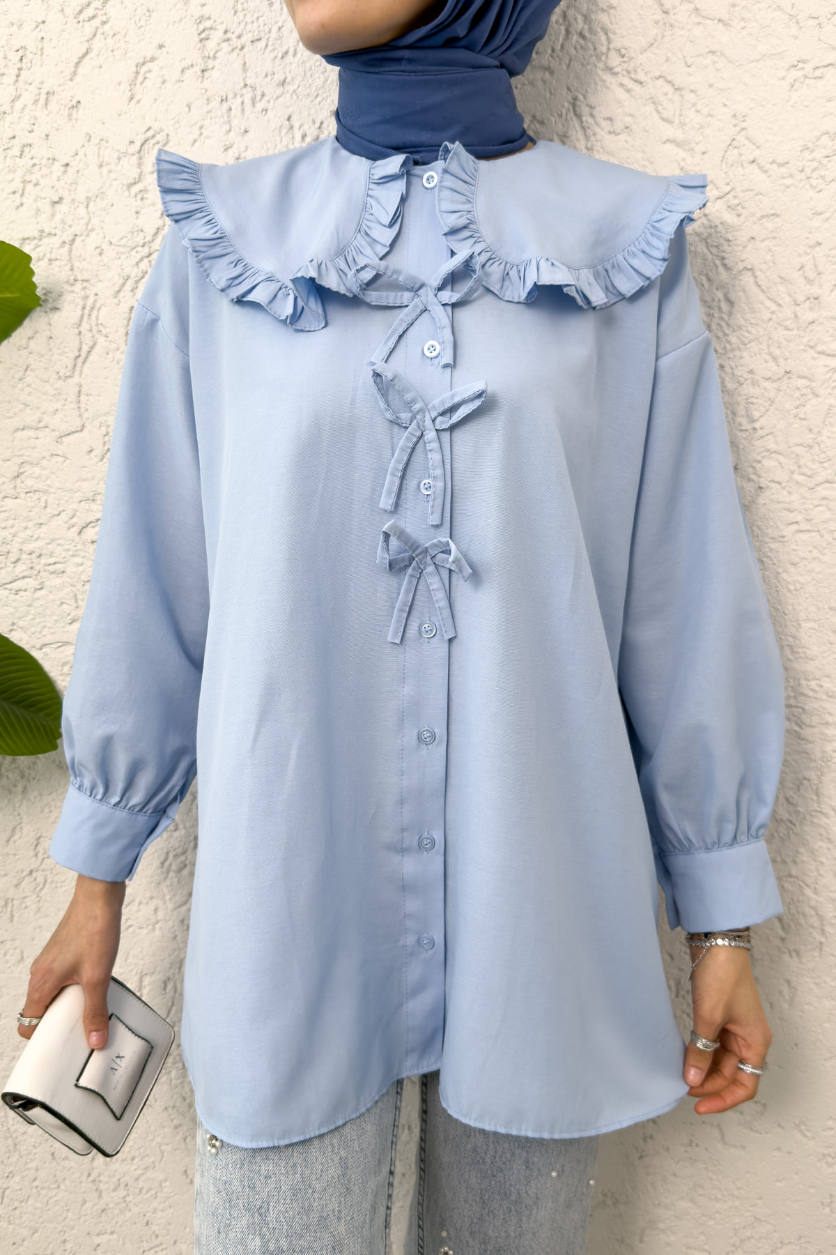 Fırfır Yakalı Tesettür Tunik 1596 - BEBE MAVİSİ |  