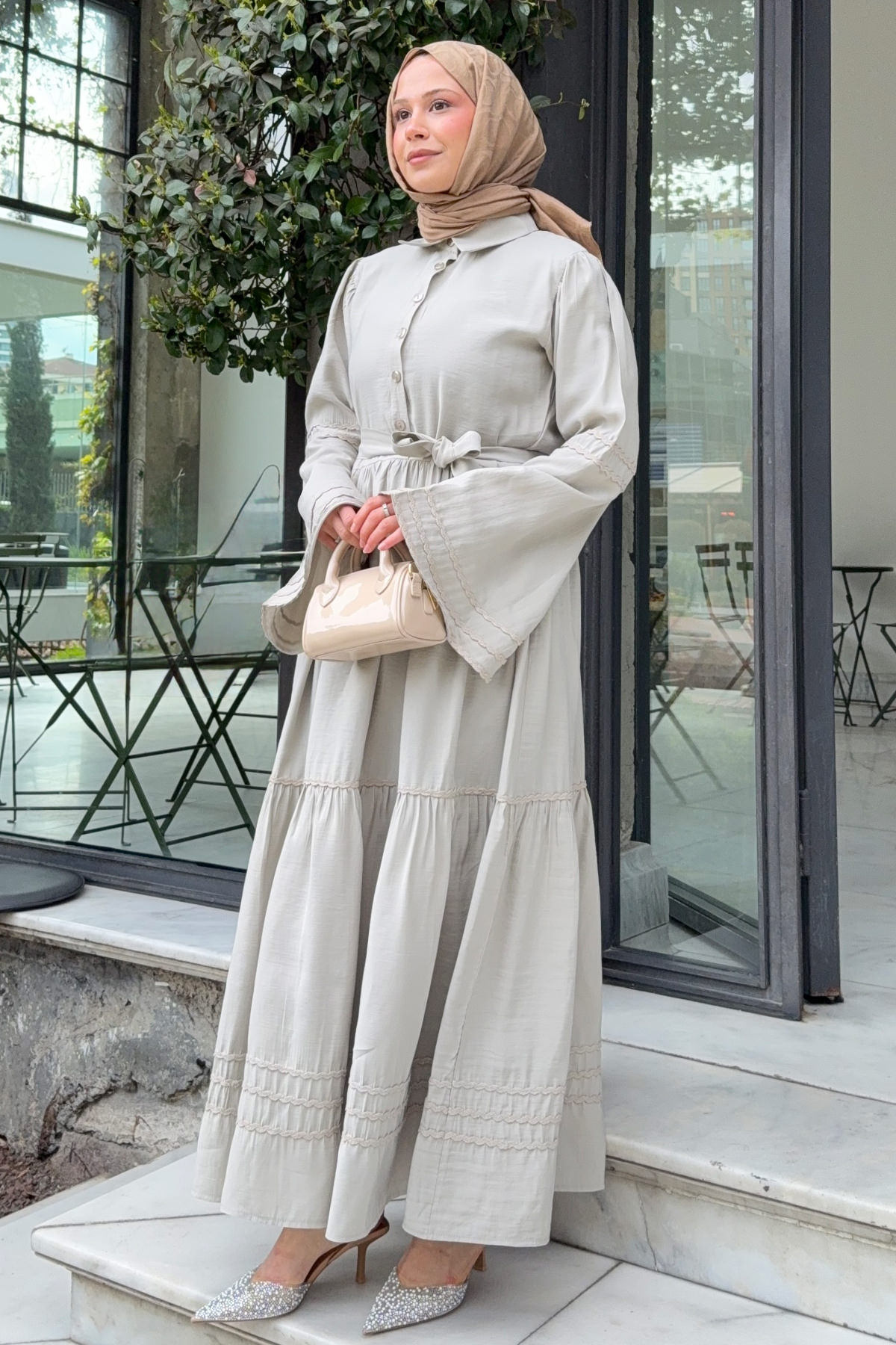 İspanyol Kol Tesettür Elbise 2276 - TAŞ RENGİ |  