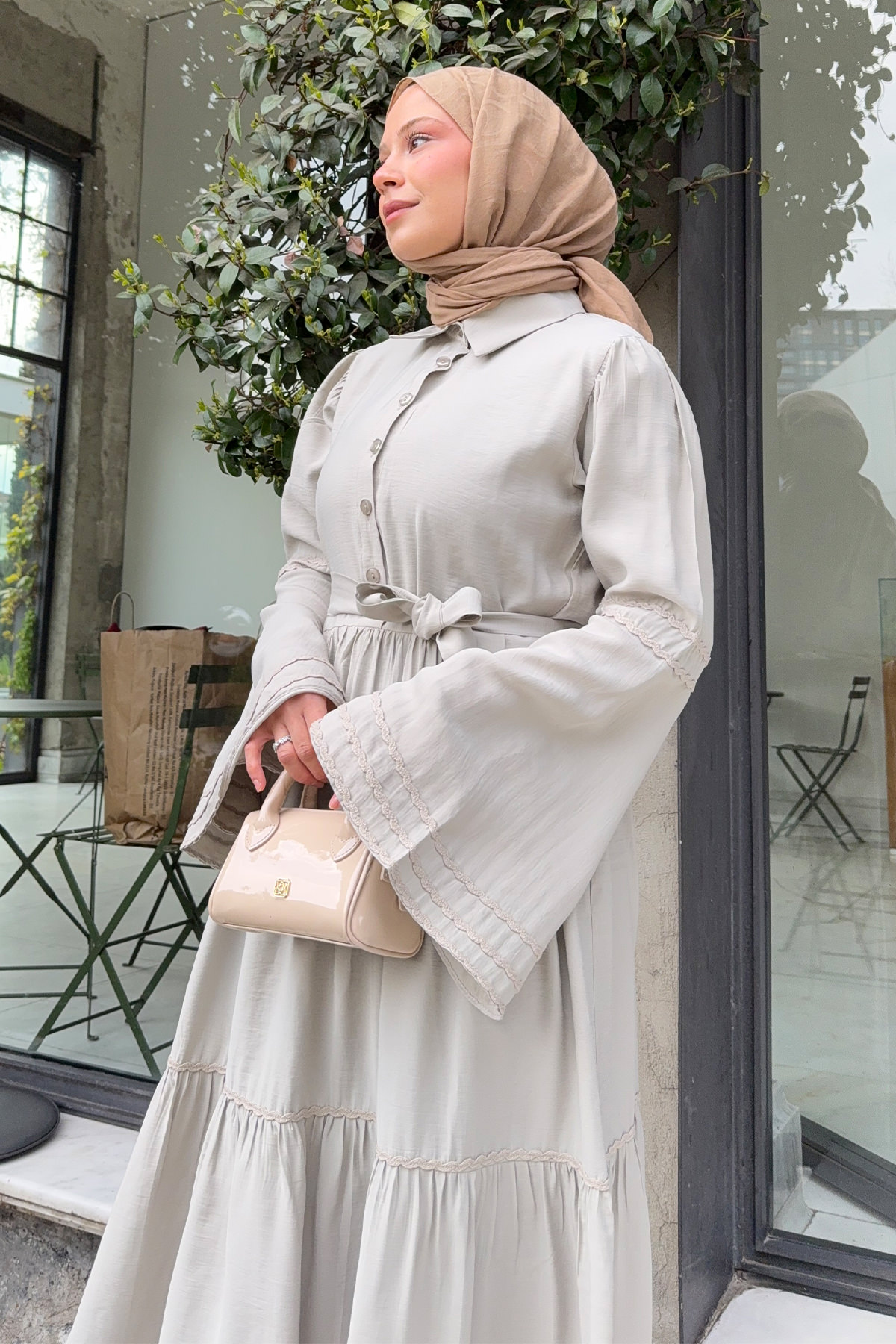 İspanyol Kol Tesettür Elbise 2276 - TAŞ RENGİ |  