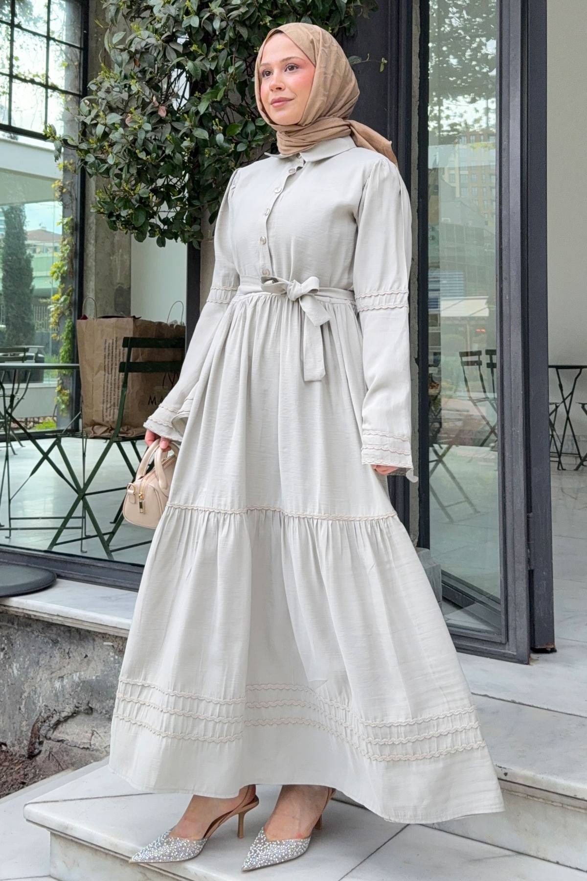 İspanyol Kol Tesettür Elbise 2276 - TAŞ RENGİ |  