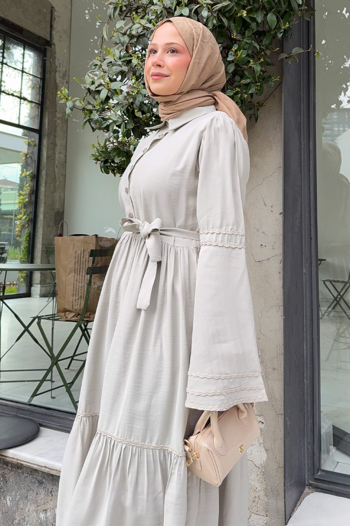 İspanyol Kol Tesettür Elbise 2276 - TAŞ RENGİ |  