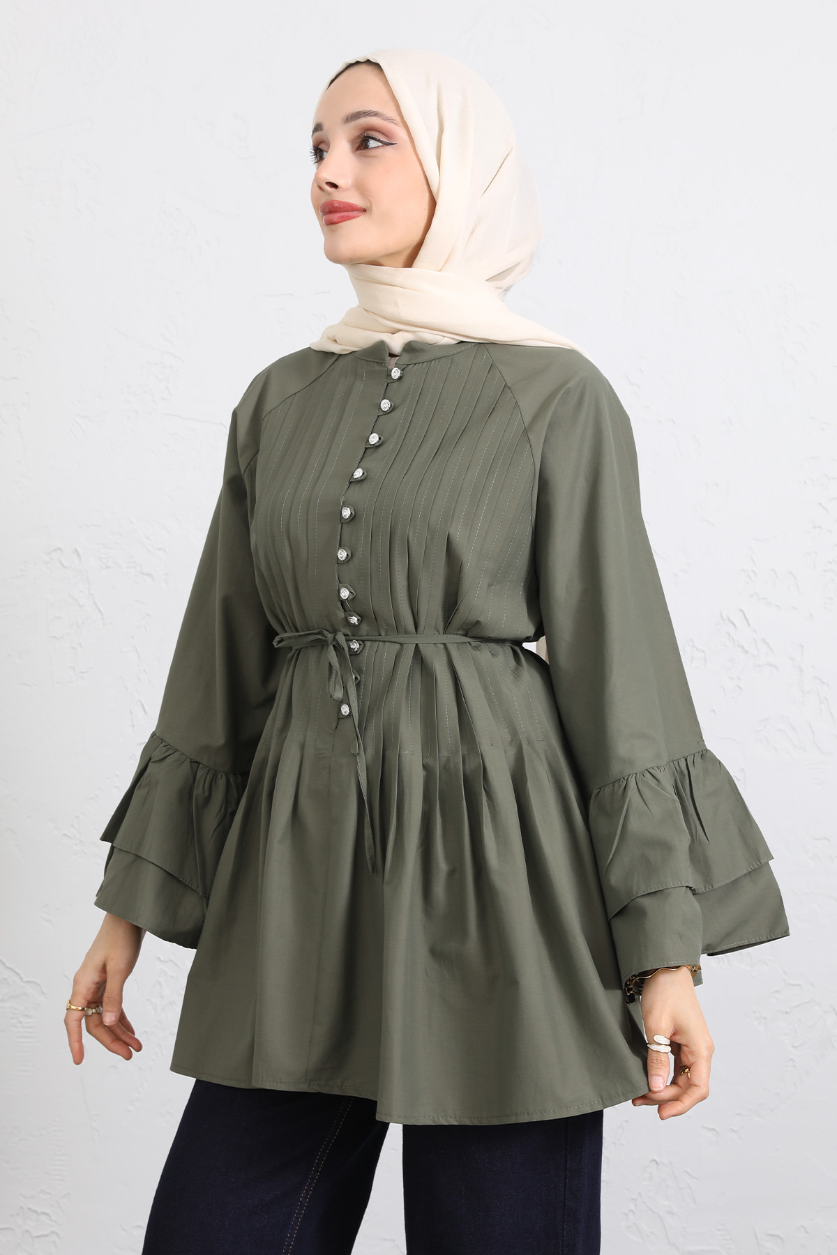 Volan Kollu Nervürlü Tunik Y0104 - HAKİ |  