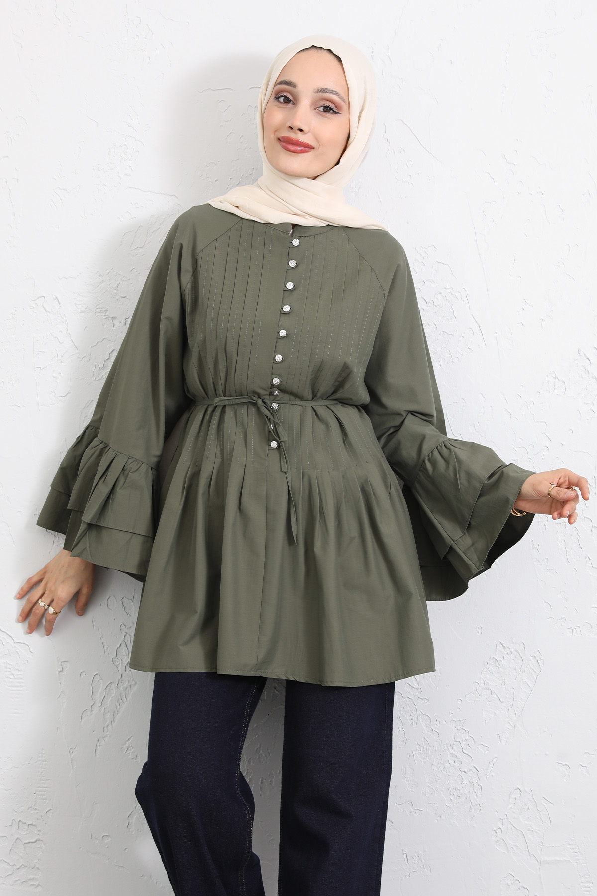 Volan Kollu Nervürlü Tunik Y0104 - HAKİ |  